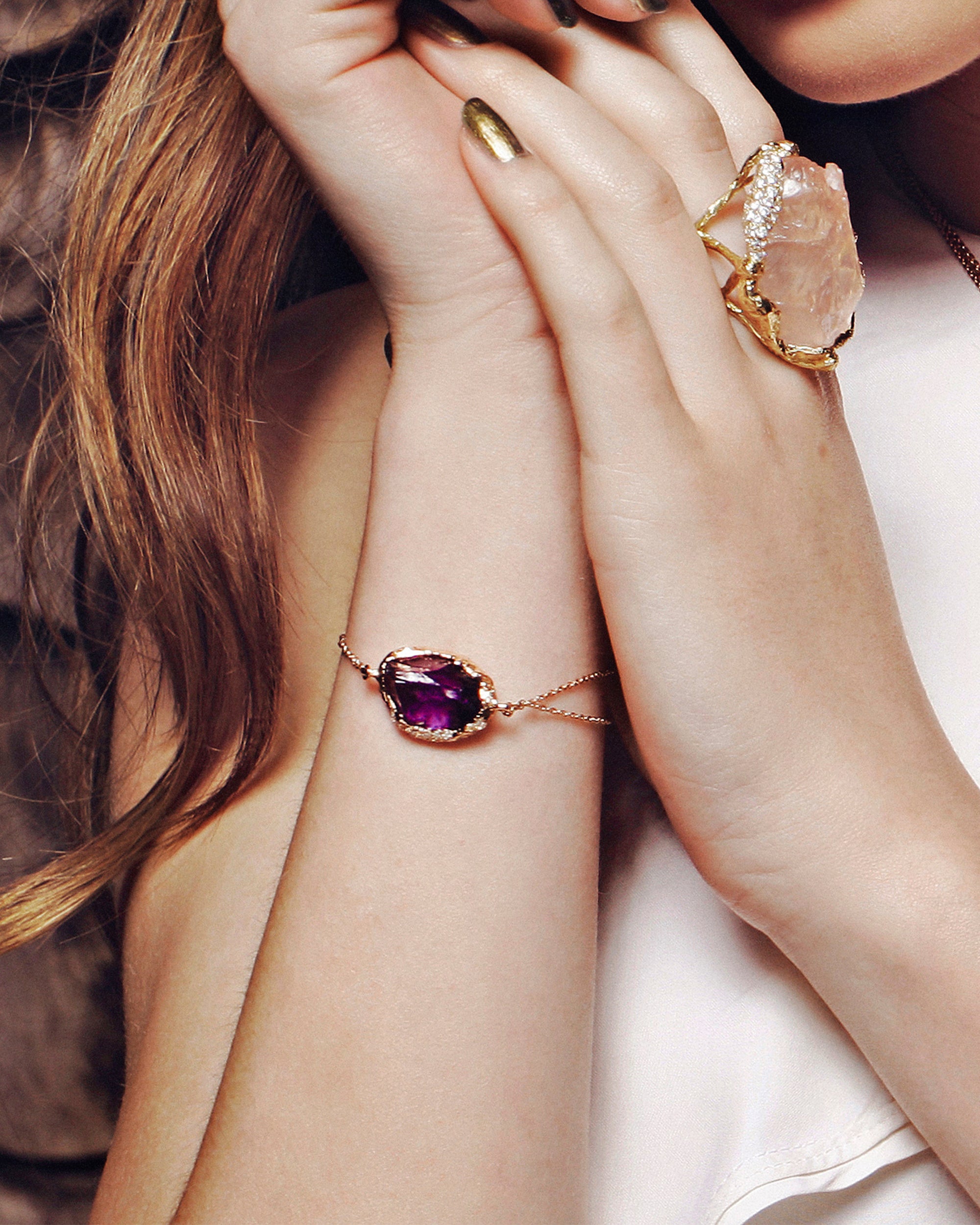 Gem Rock Amethyst Single Pebble Bracelet, 18K Gold
