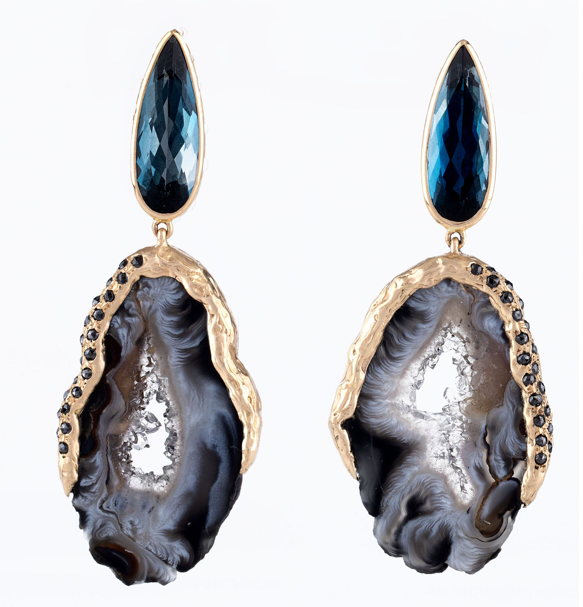 Natalie Dissel 14K yellow gold Meteora drop earrings with faceted blue topaz gems and black agate drusy encrusted with black diamonds