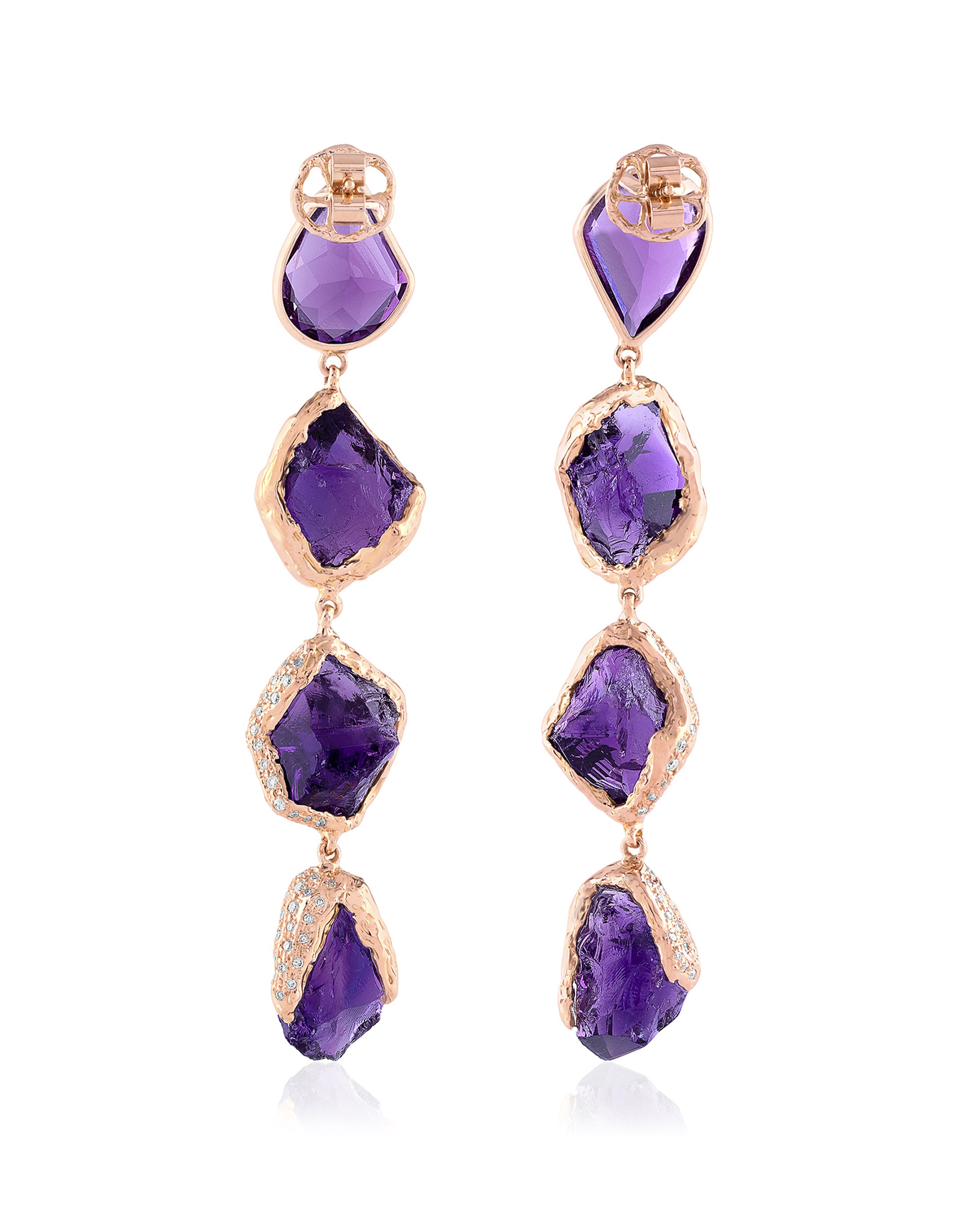 Gem Rock Amethyst Long Diamonds Earrings (L), 18K Gold