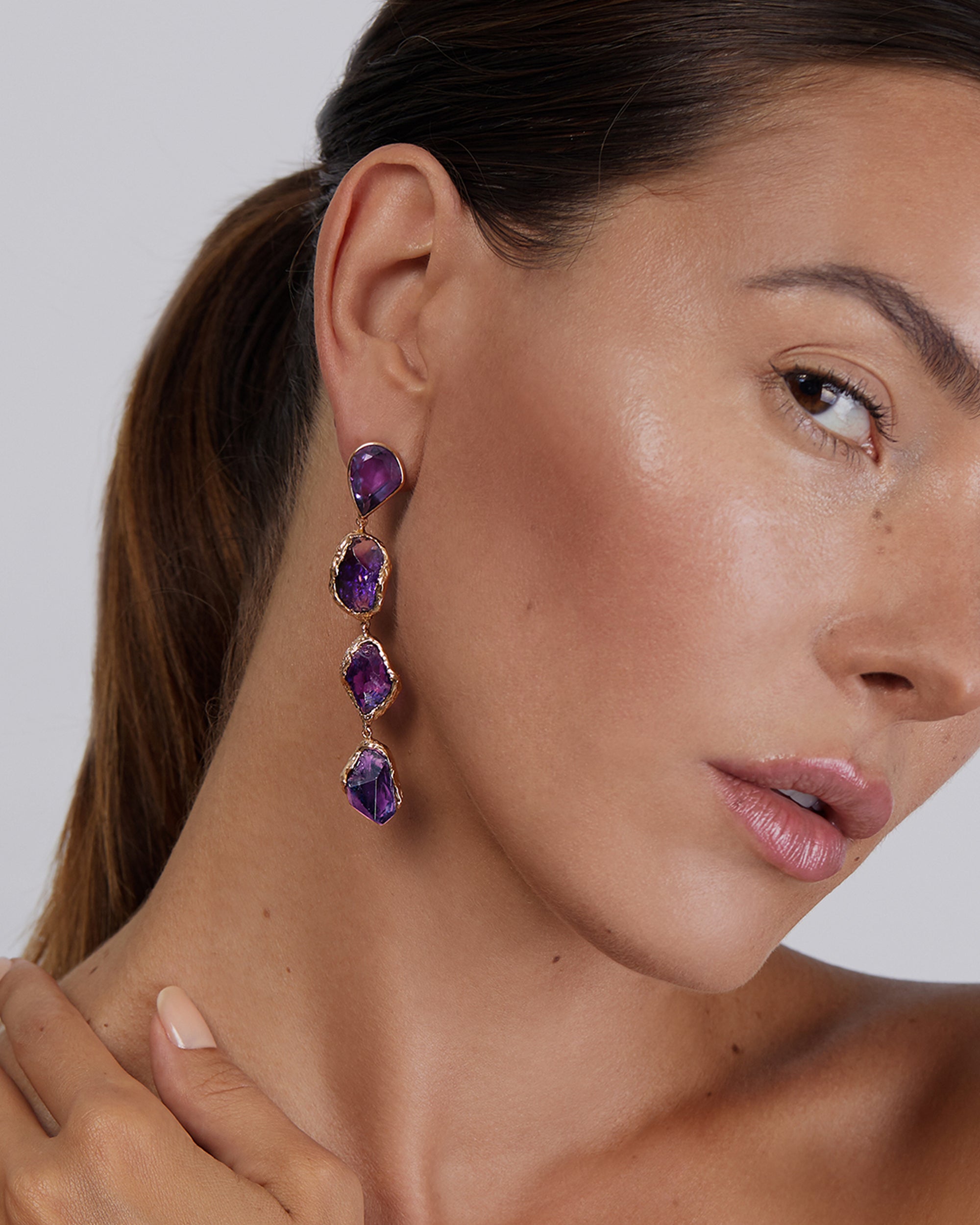 Gem Rock Amethyst Long Diamonds Earrings (L), 18K Gold