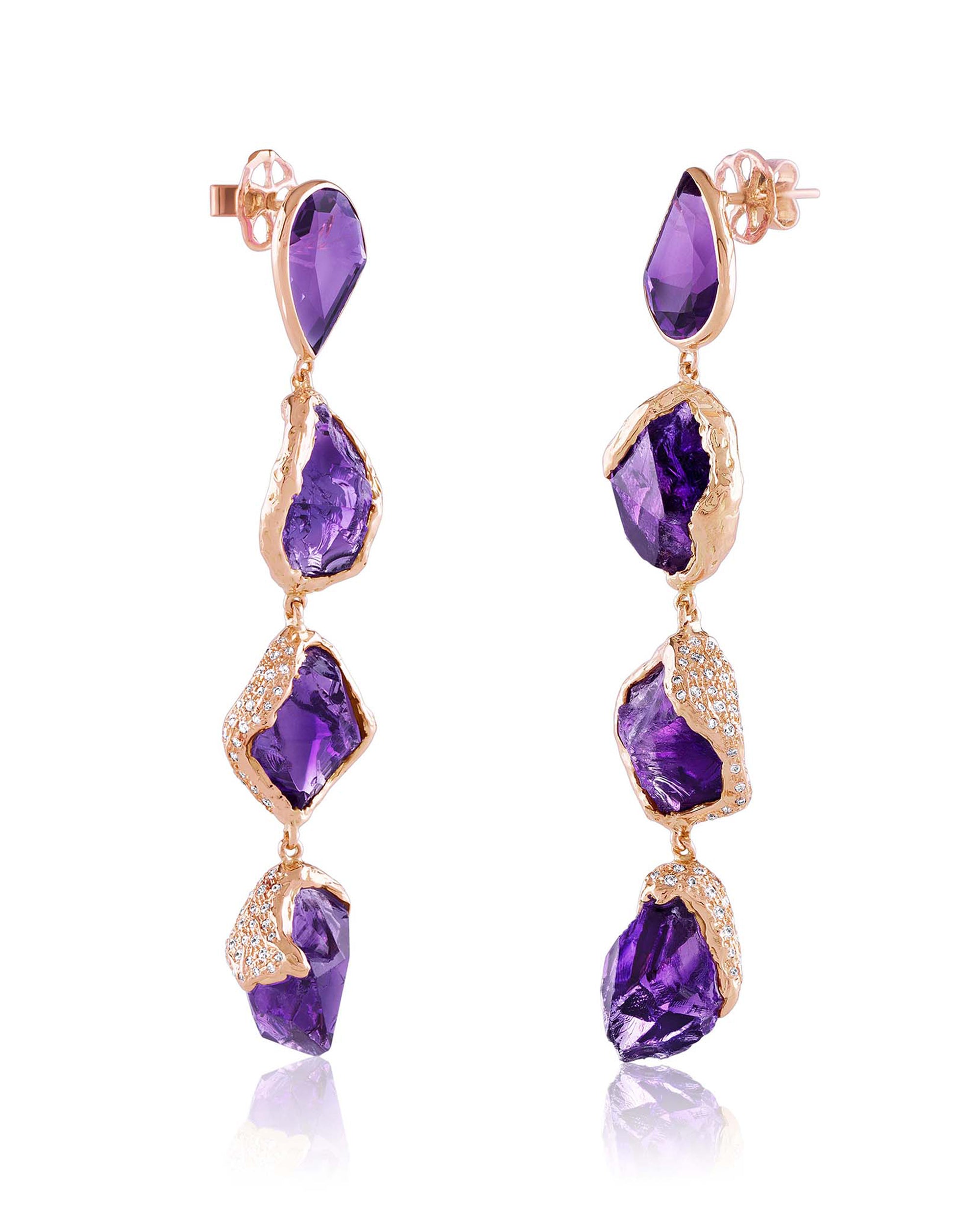 Gem Rock Amethyst Long Diamonds Earrings (L), 18K Gold