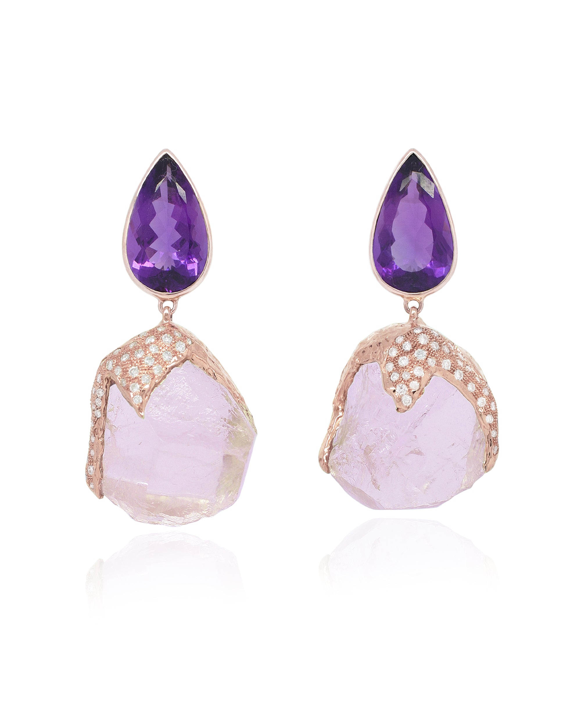Gem Rock Amethyst Rose Quart Earrings (M), 18K Gold