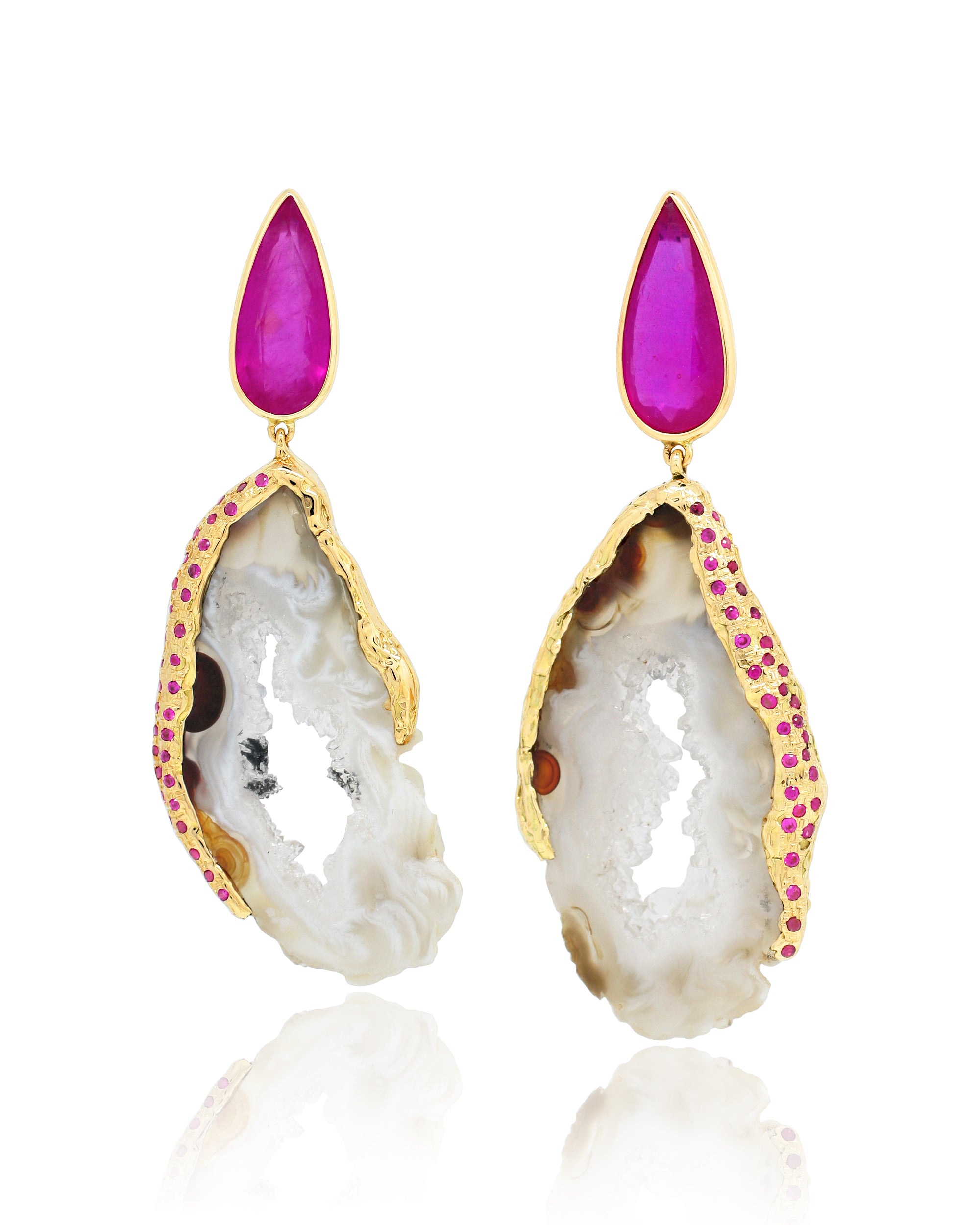 Feather Ruby Summer Earrings (M), 14K Gold