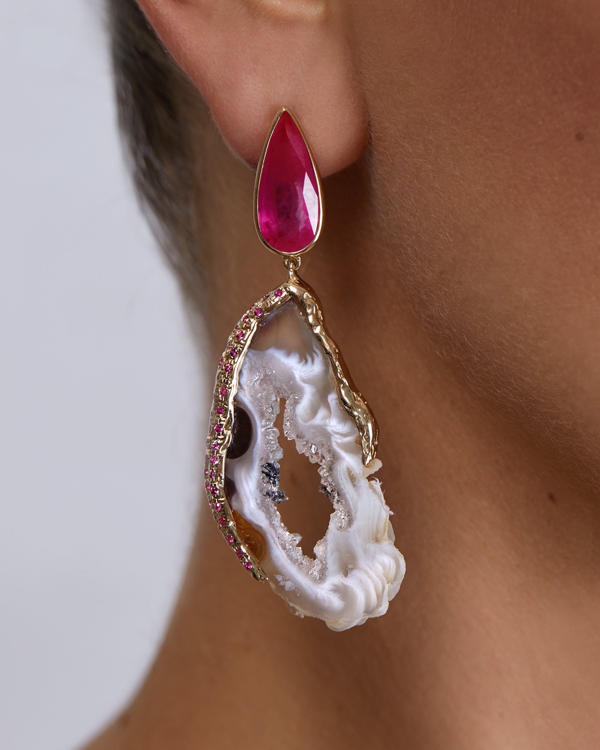 Feather Ruby Summer Earrings (M), 14K Gold