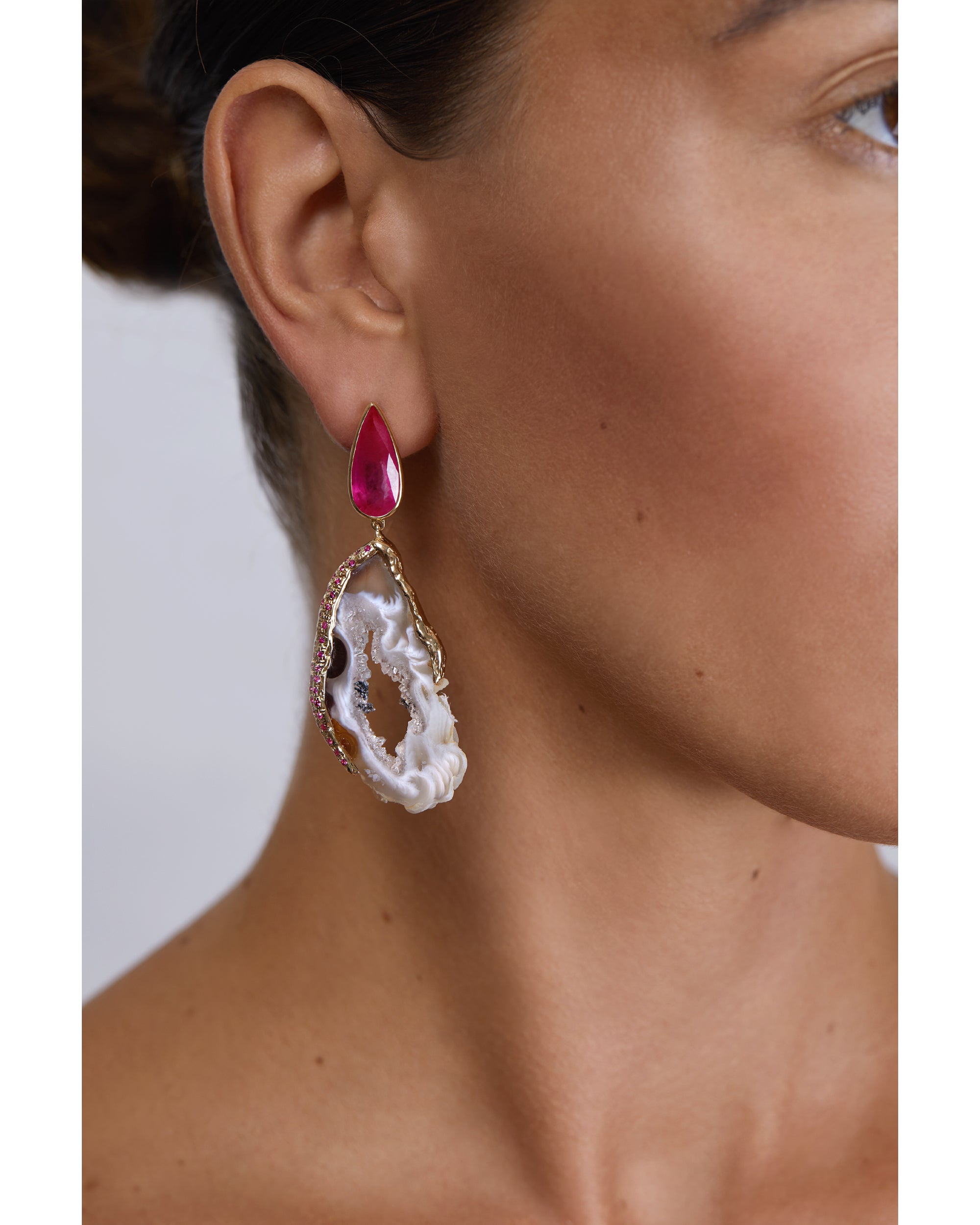 Feather Ruby Summer Earrings (M), 14K Gold