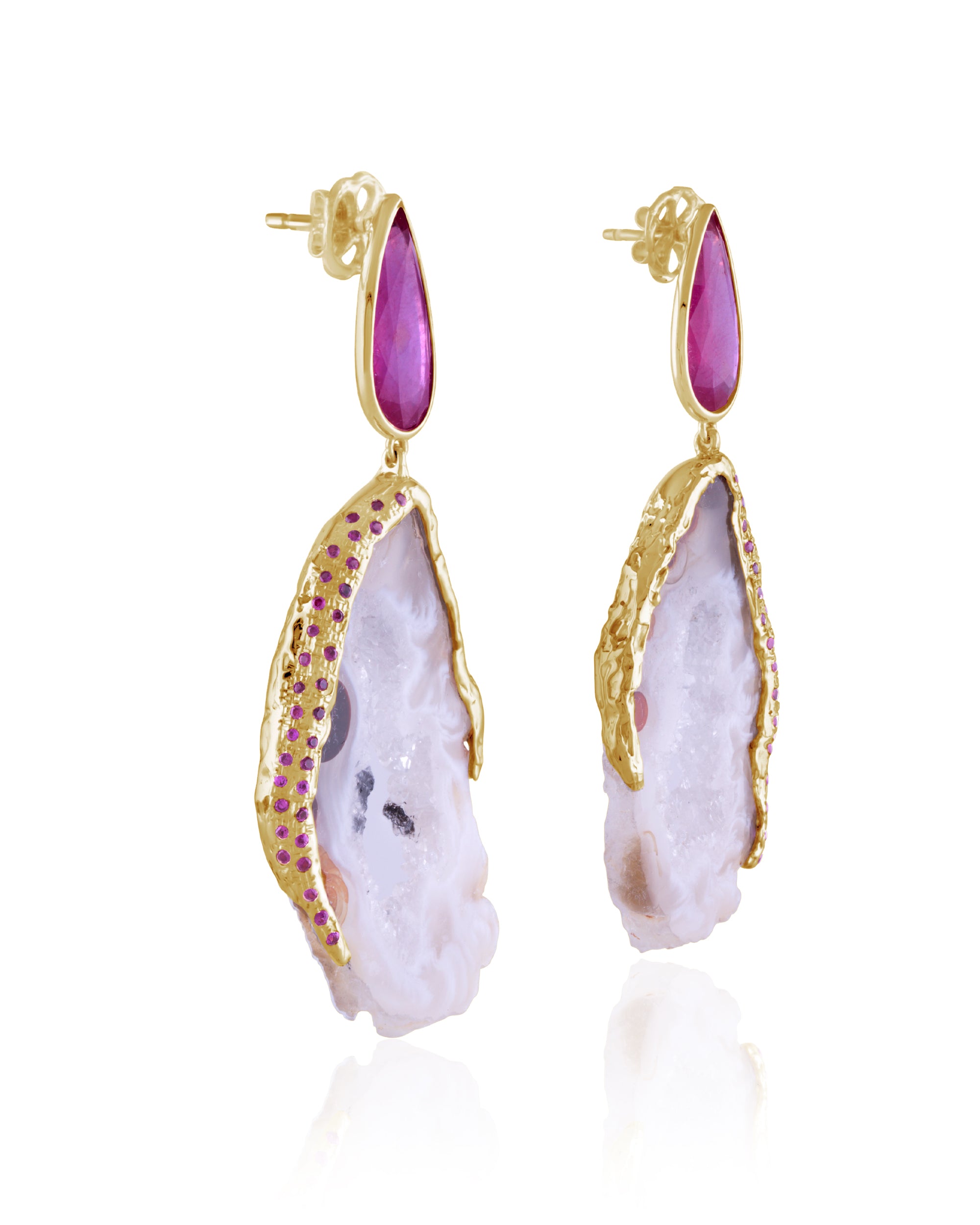 Feather Ruby Summer Earrings (M), 14K Gold