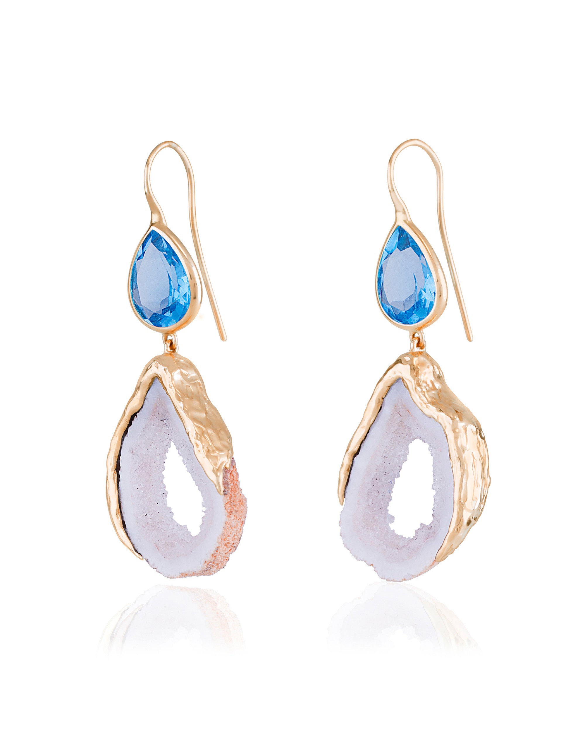 Feather White Moon Earrings, 14K Gold