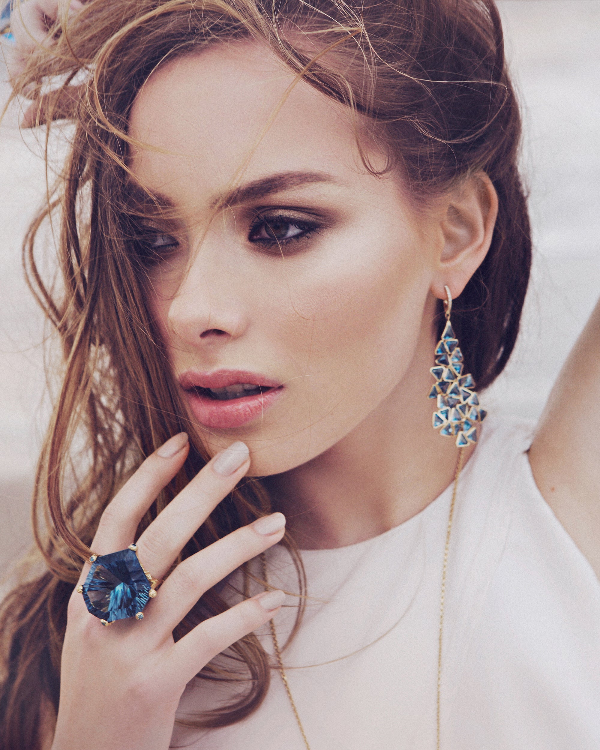 Blue Ice Topaz Crystal Earrings, 18K Gold