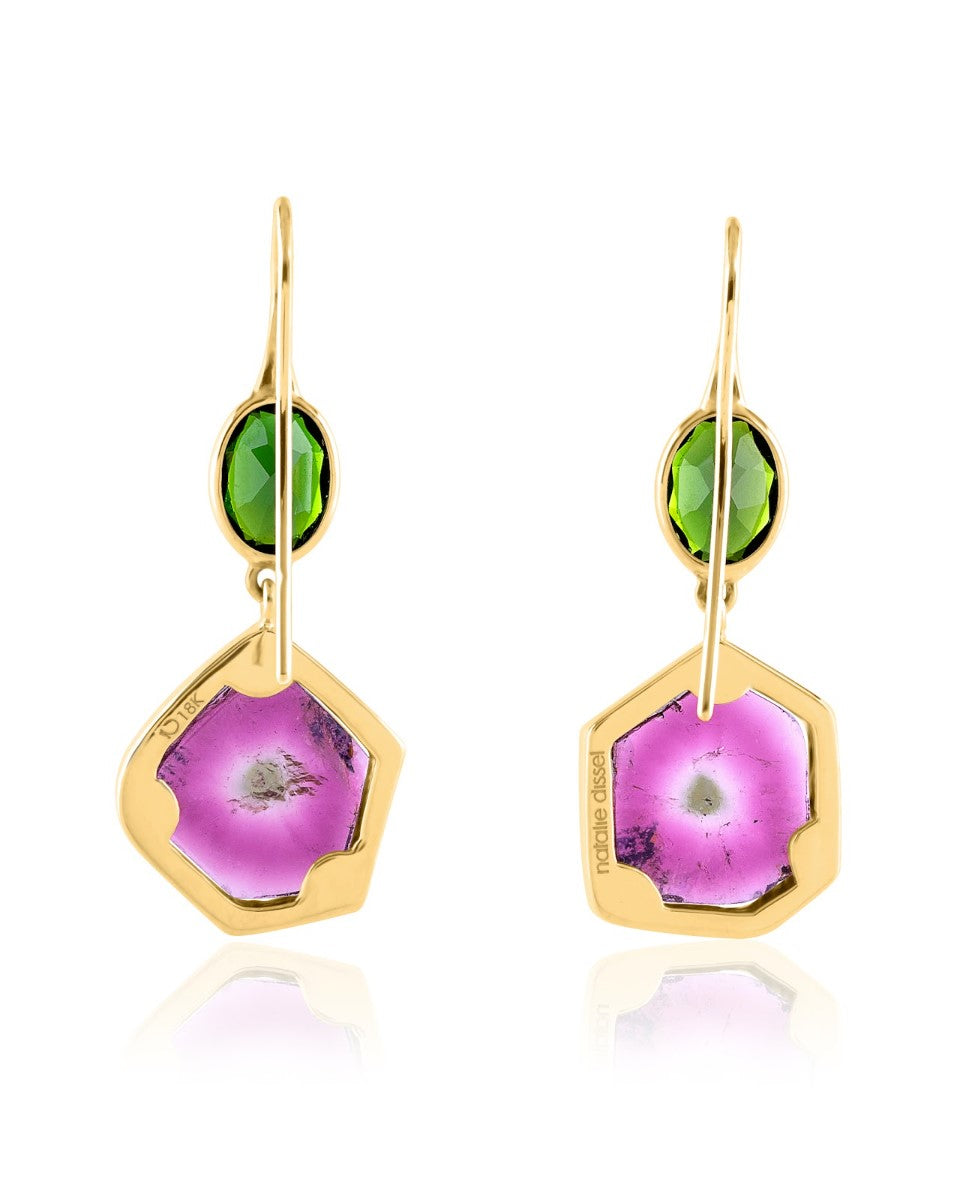 Natalie Dissel Jewellery Earrings - 18K Yellow Gold with Watermelon Tourmaline, Chrome Diopsite, and White Diamonds