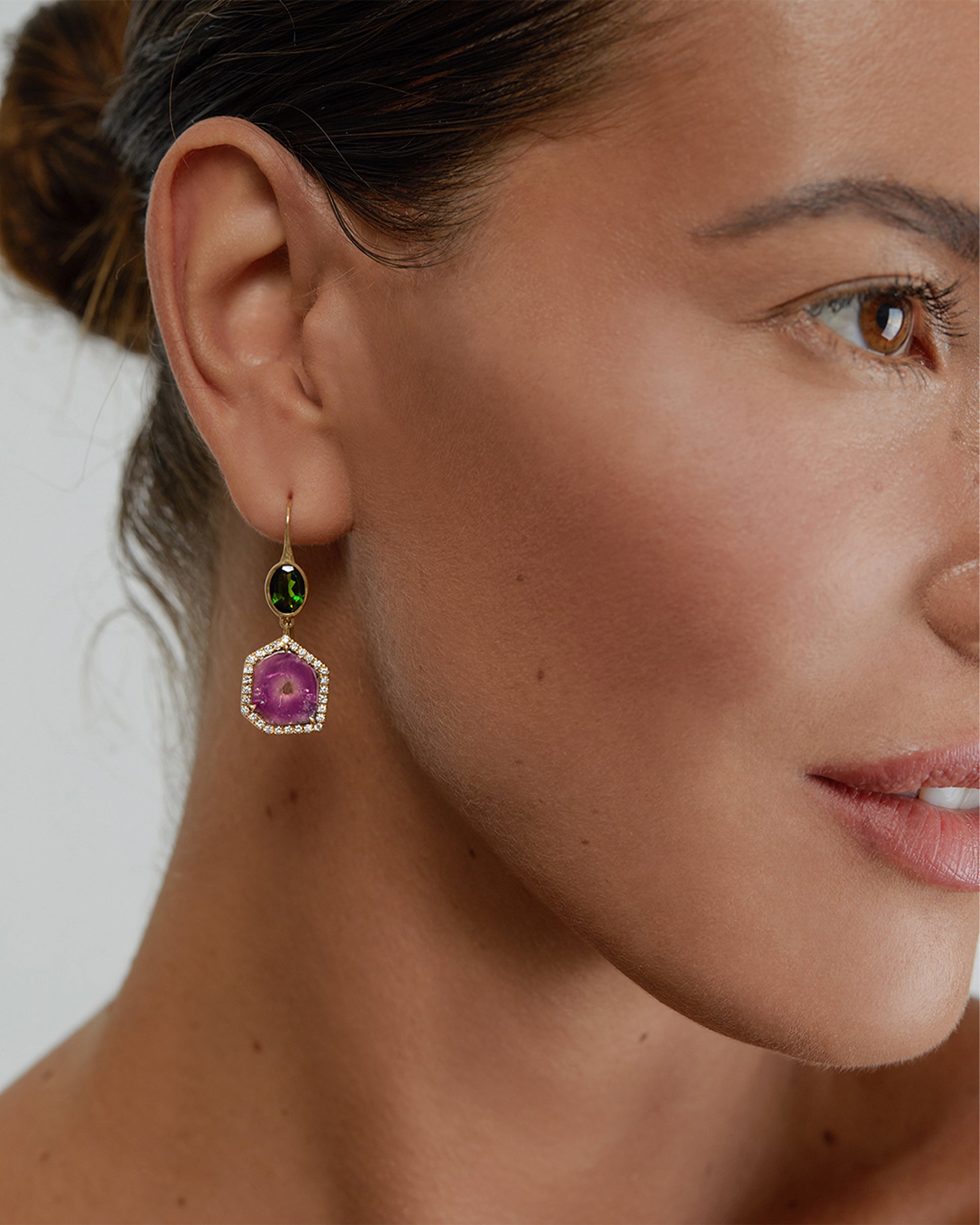 Natalie Dissel Jewellery Earrings - 18K Yellow Gold with Watermelon Tourmaline, Chrome Diopsite, and White Diamonds