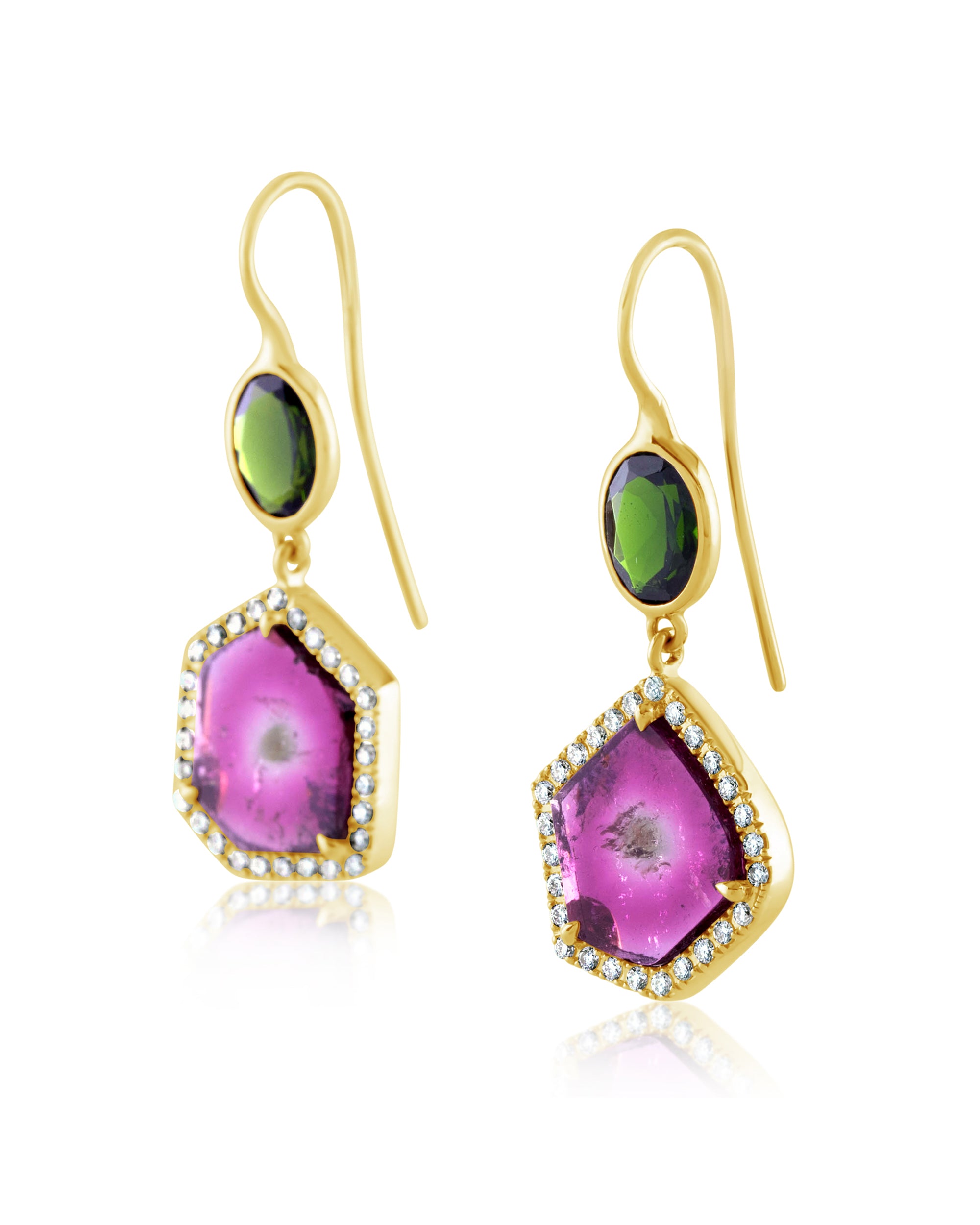 Natalie Dissel Jewellery Earrings - 18K Yellow Gold with Watermelon Tourmaline, Chrome Diopsite, and White Diamonds