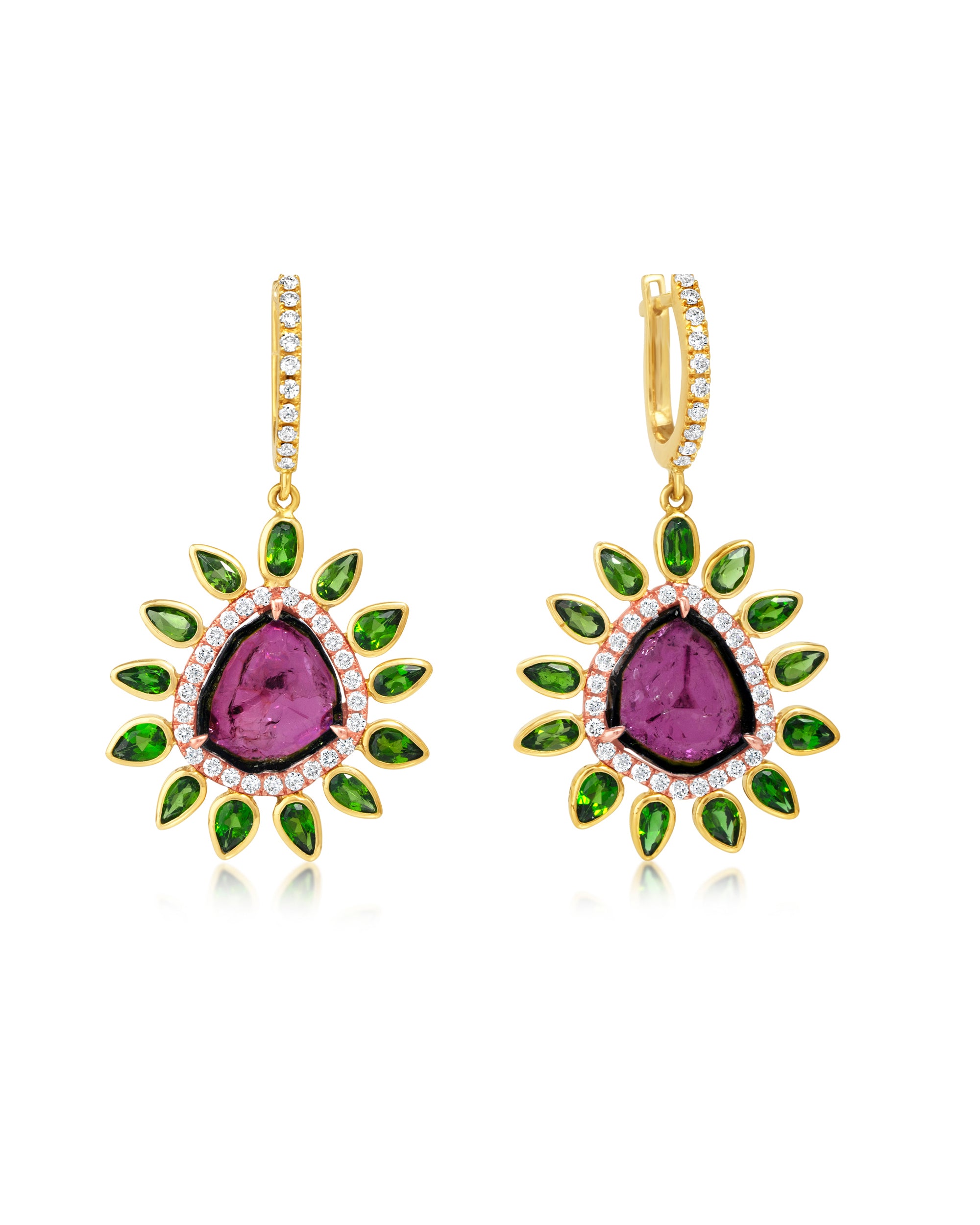 Tourmaline Pink Green Sun Earrings, 18K Gold