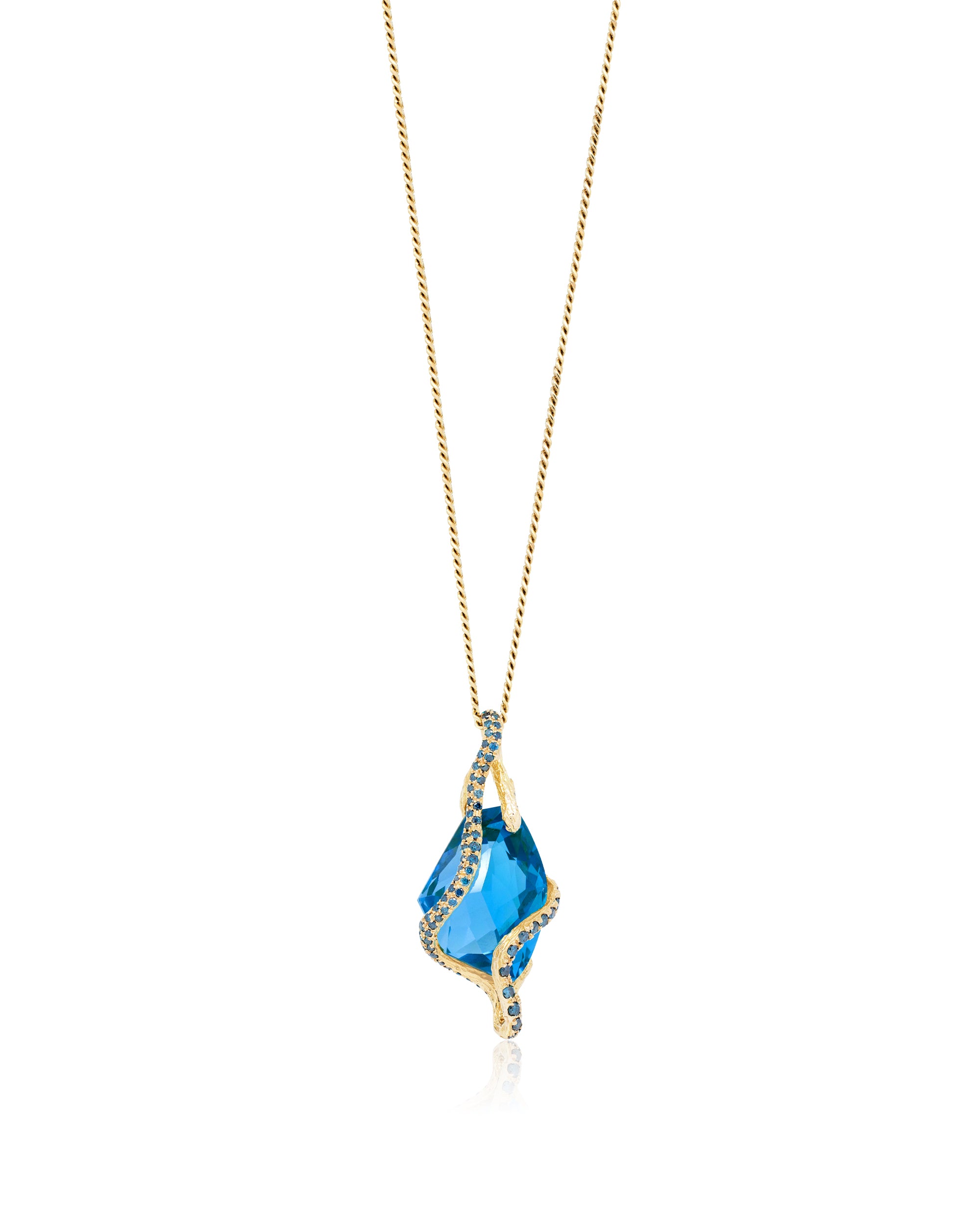 Swiss Blue Topaz Facet Blue Diamonds Necklace, 18K Gold