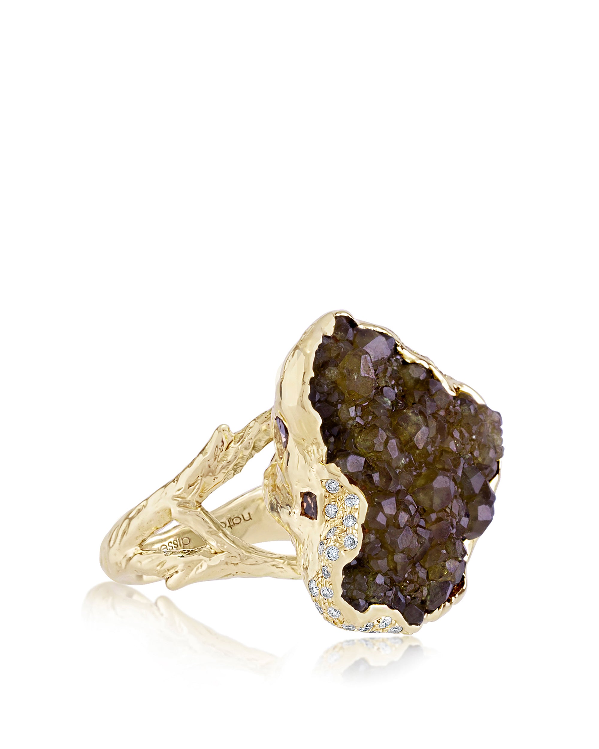 Mineral Demantoid Forest Diamonds Ring, 18K Gold