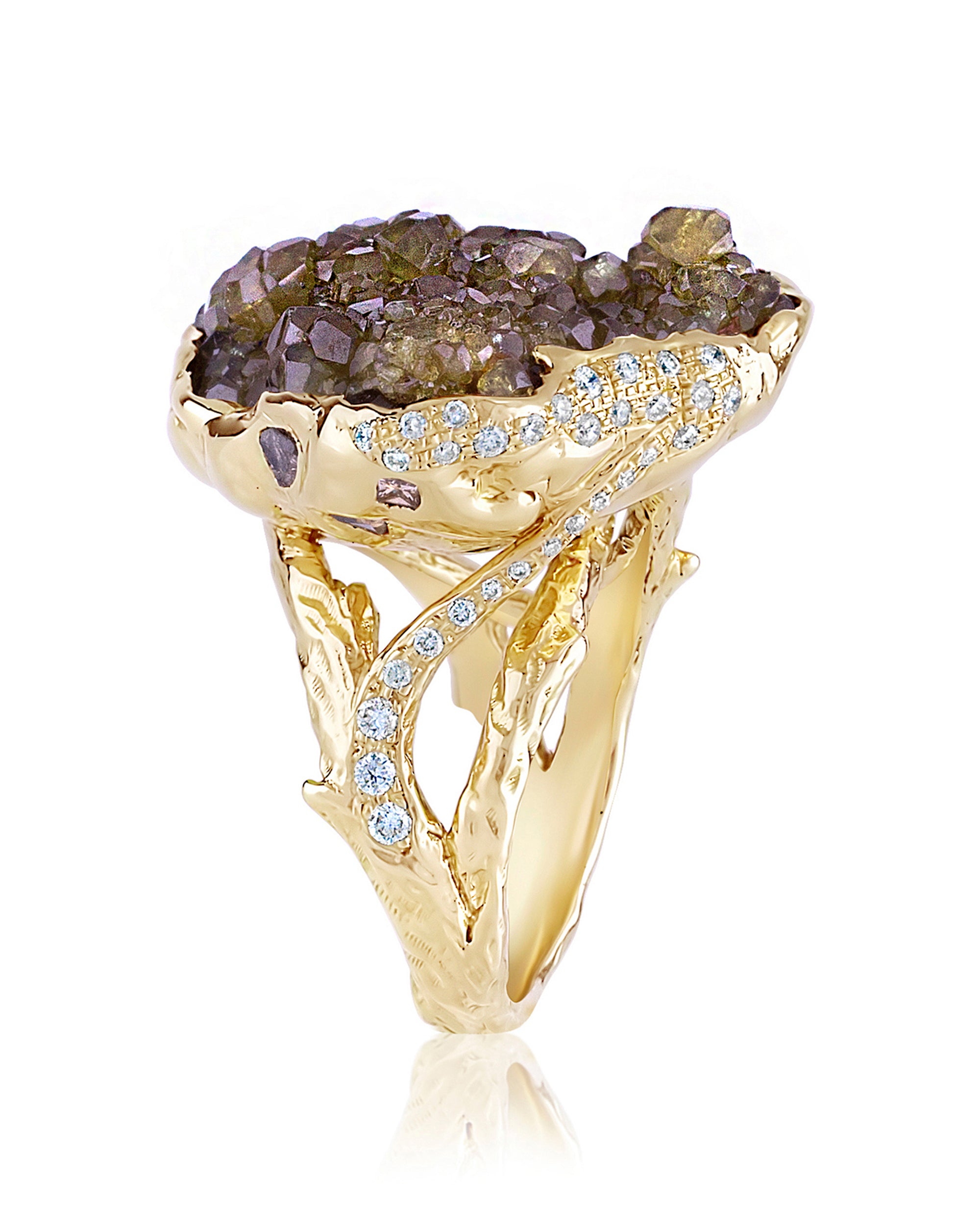 Mineral Demantoid Forest Diamonds Ring, 18K Gold