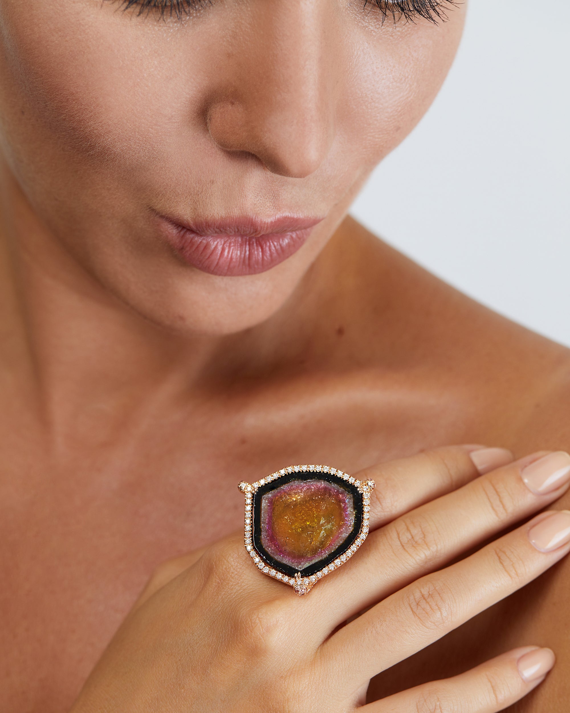 Tourmaline Sun Eclipse Diamond Ring, 18K Gold