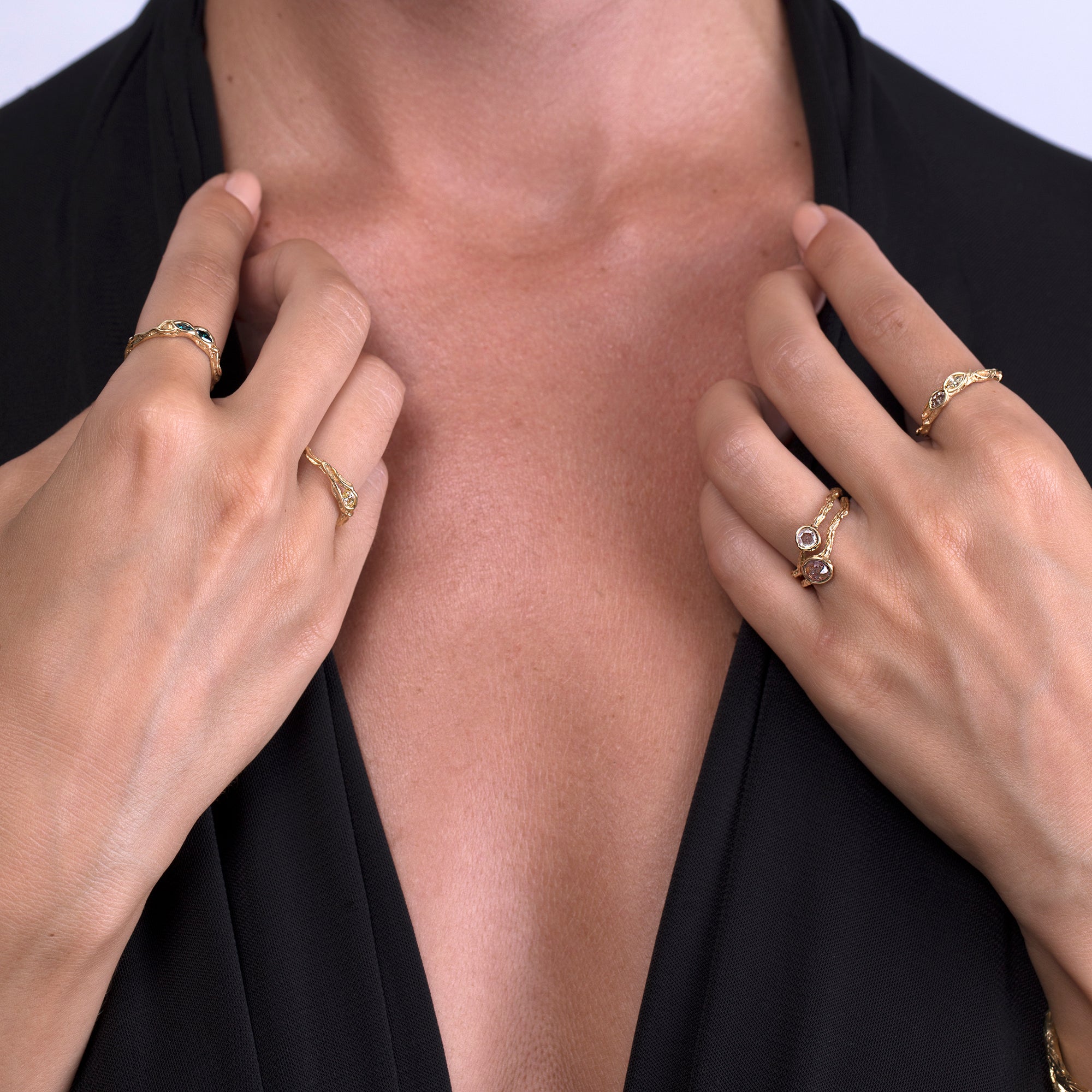 Lianas Twin Diamonds Banyan Root Ring, 18K Gold