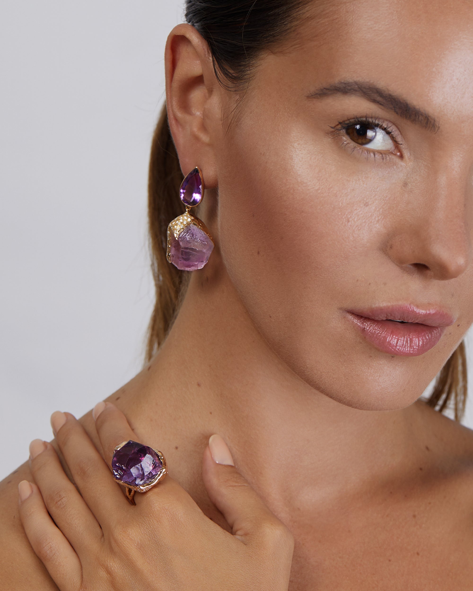 Gem Rock Amethyst Rose Quart Earrings (M), 18K Gold