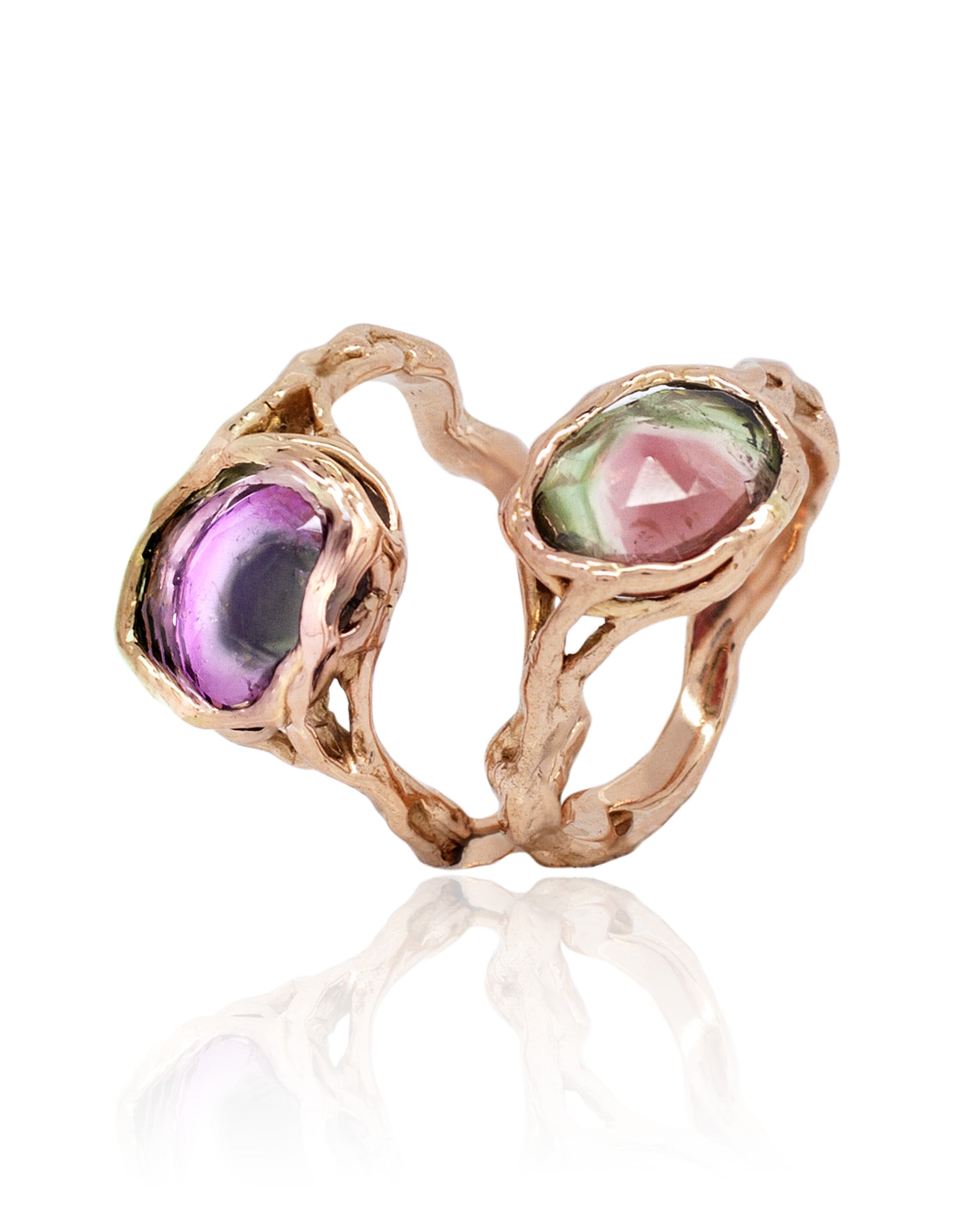 Tourmaline Pink Green Watermelon Root Ring, 18K Gold