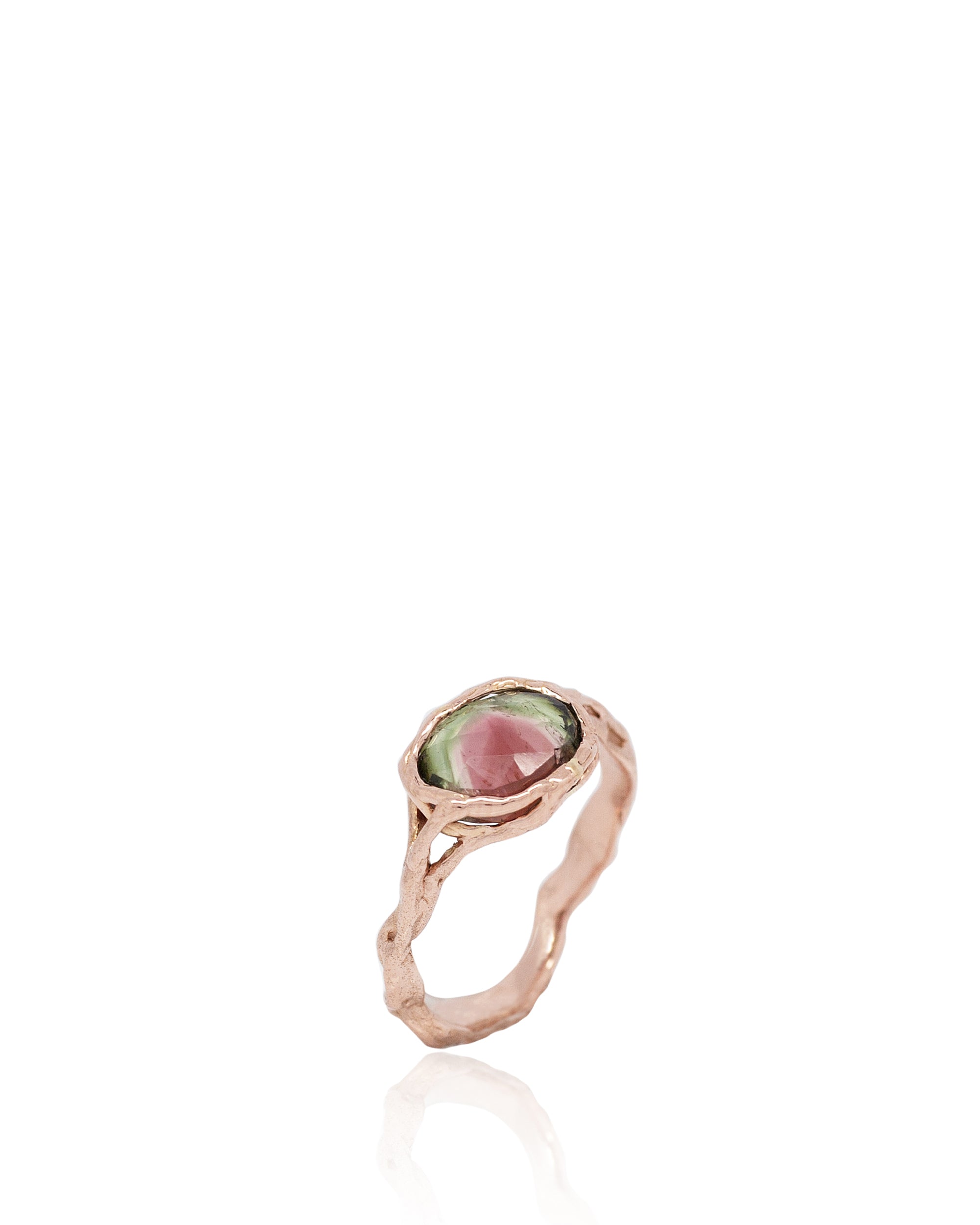 Tourmaline Pink Green Watermelon Root Ring, 18K Gold