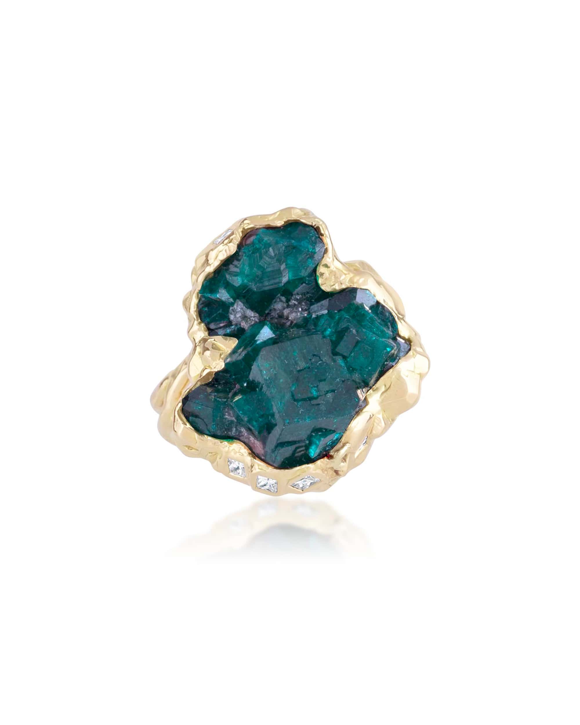 Mineral Dioptase Mountain Diamond Ring, 18K Gold