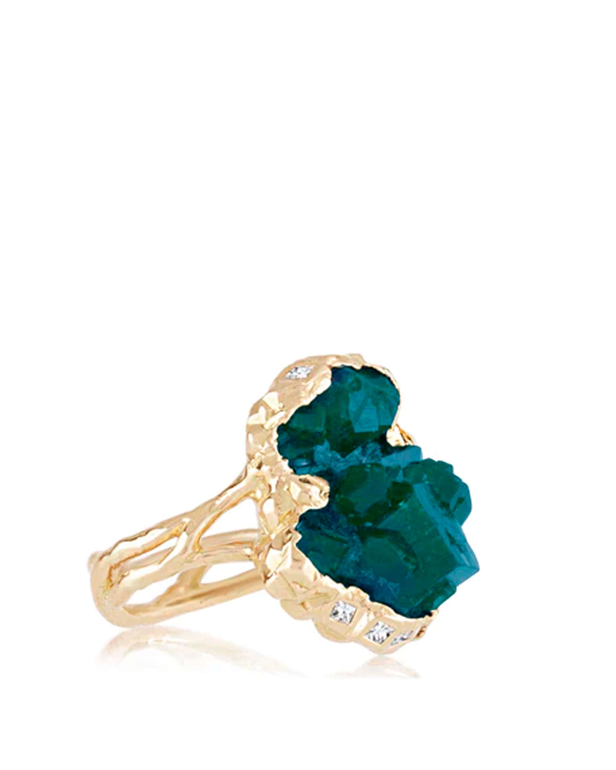 Mineral Dioptase Mountain Diamond Ring, 18K Gold