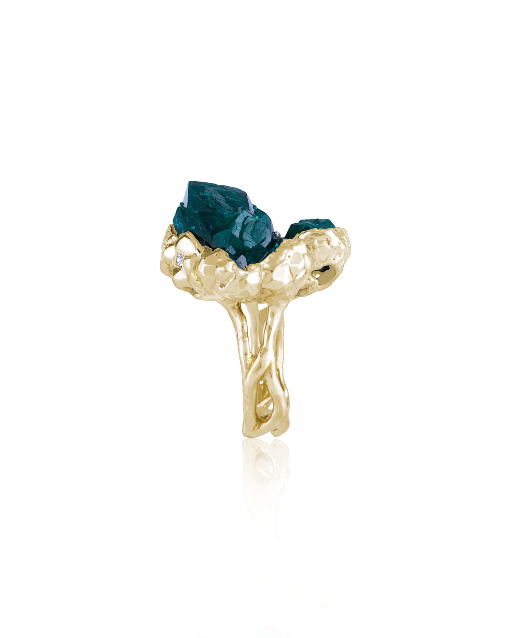 Mineral Dioptase Mountain Diamond Ring, 18K Gold