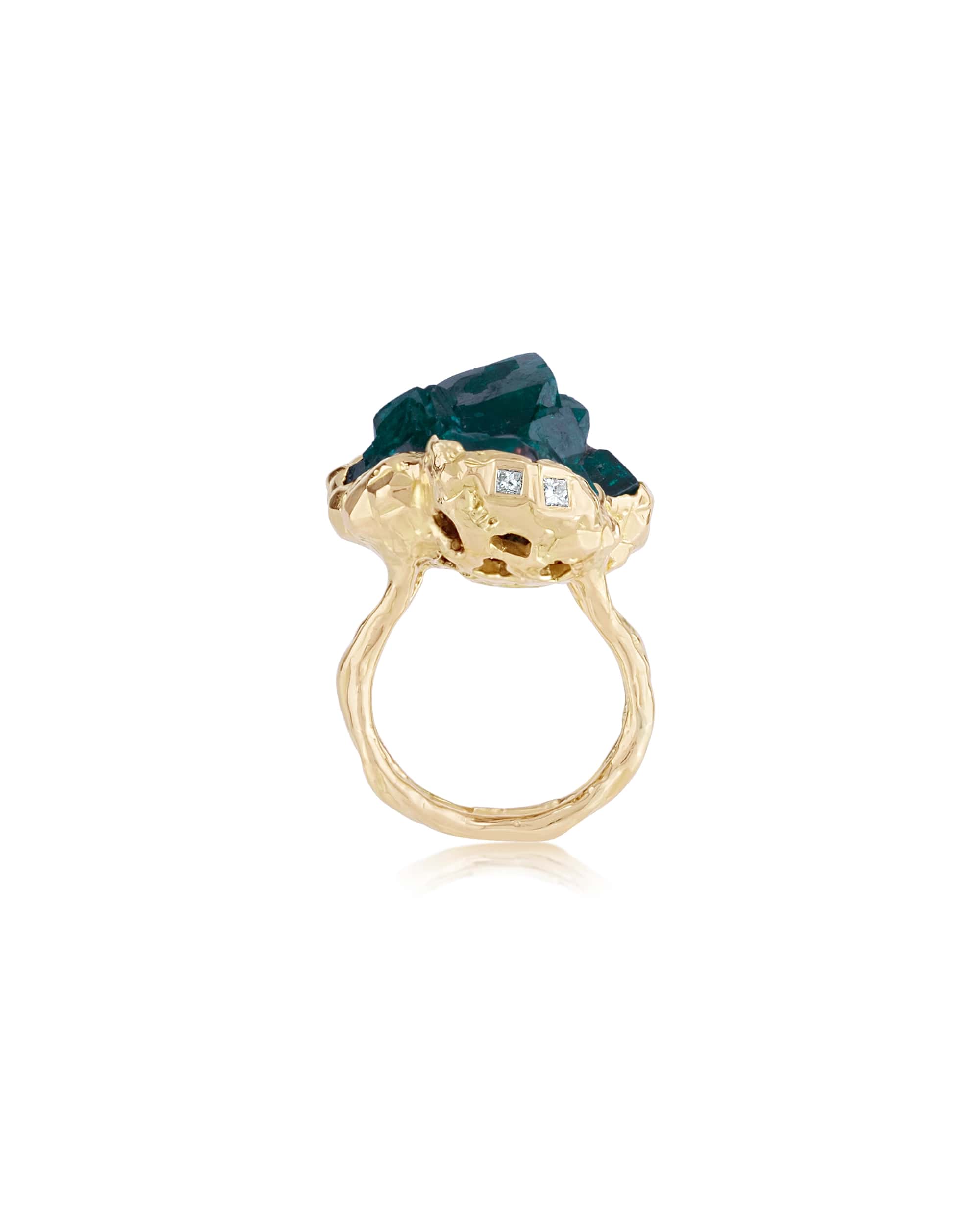 Mineral Dioptase Mountain Diamond Ring, 18K Gold