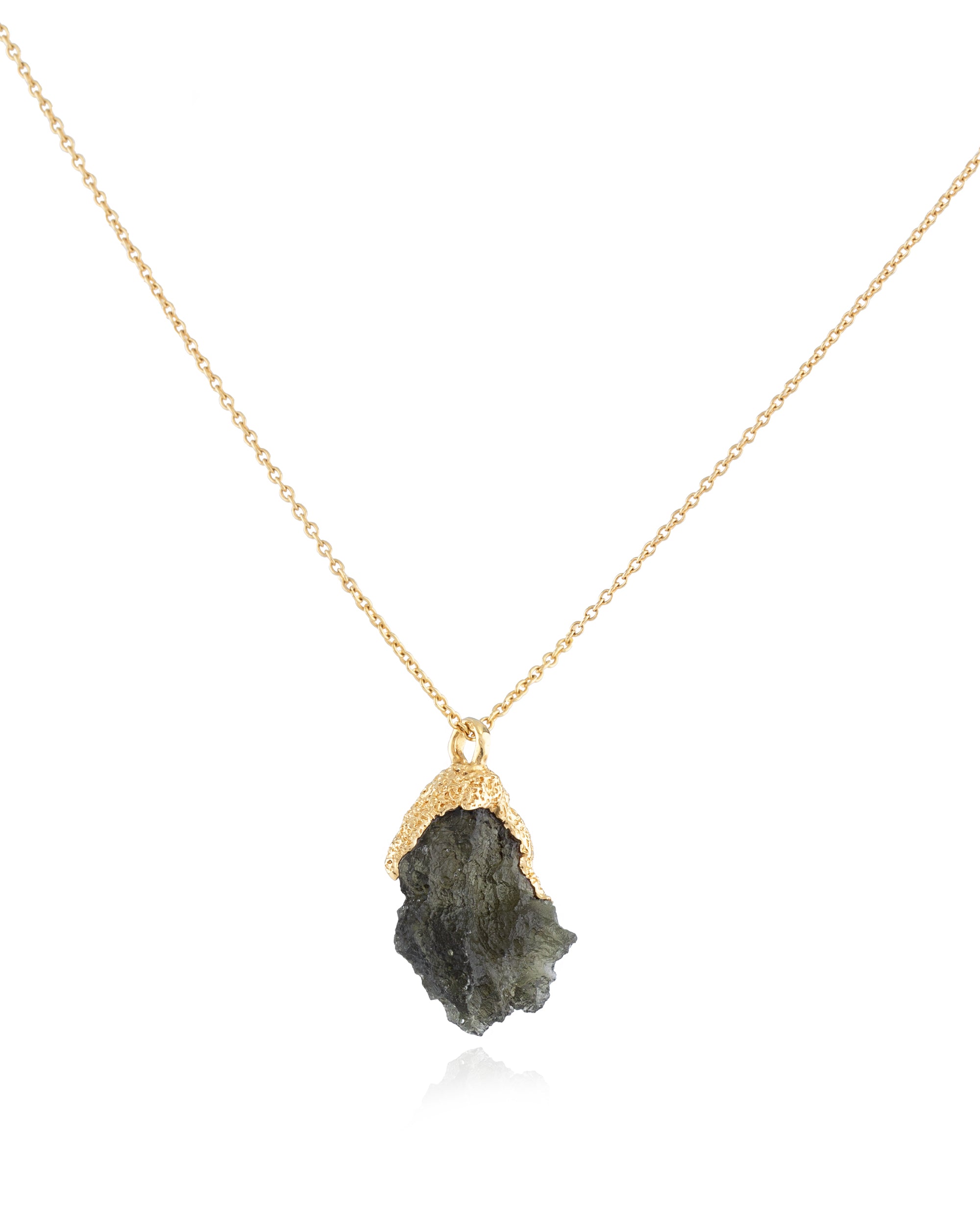 Raw olive-green moldavite pendant in hand-carved 18k recycled gold, on a fine gold cable chain.