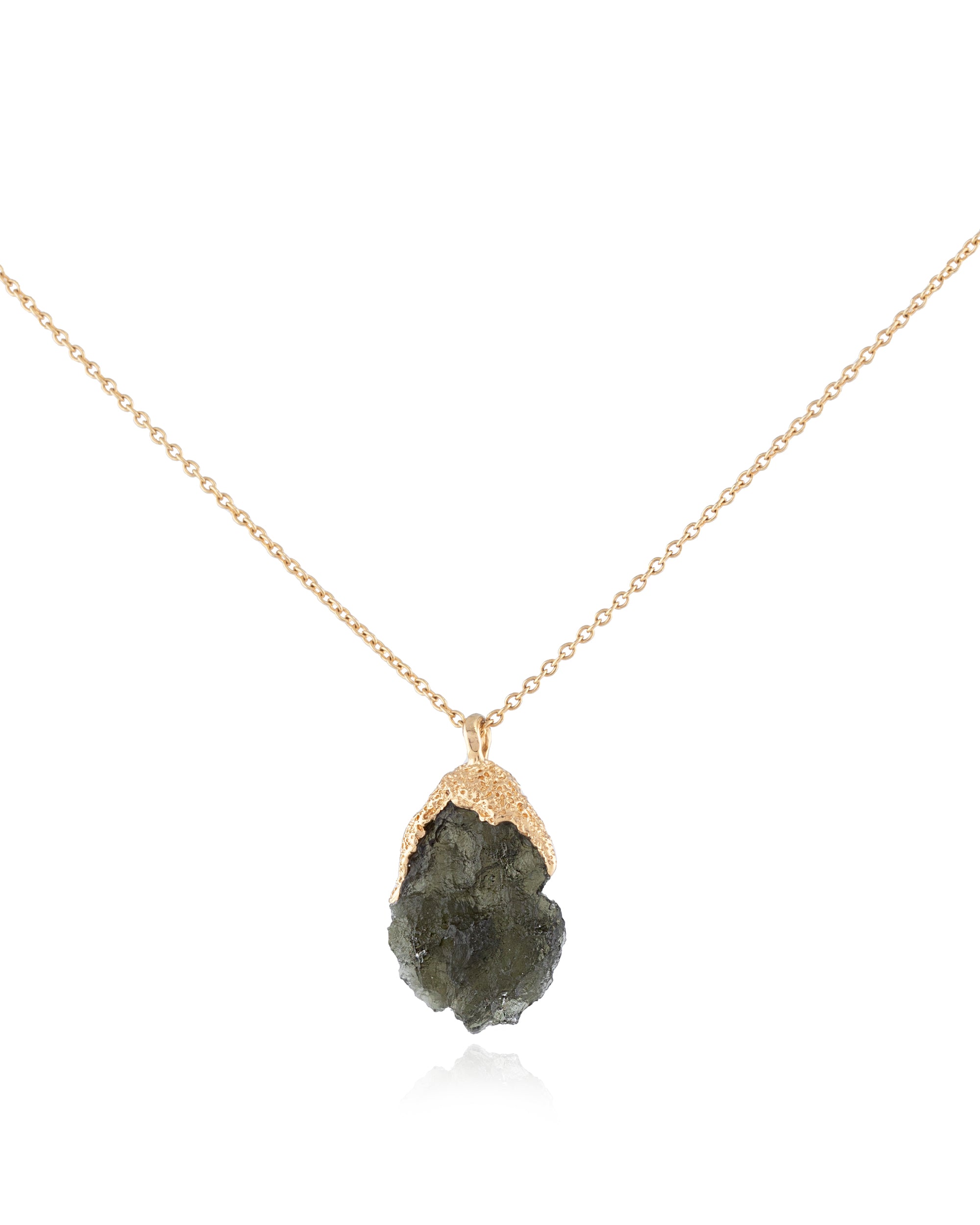 Raw olive-green moldavite pendant in hand-carved 18k recycled gold, on a fine gold cable chain.