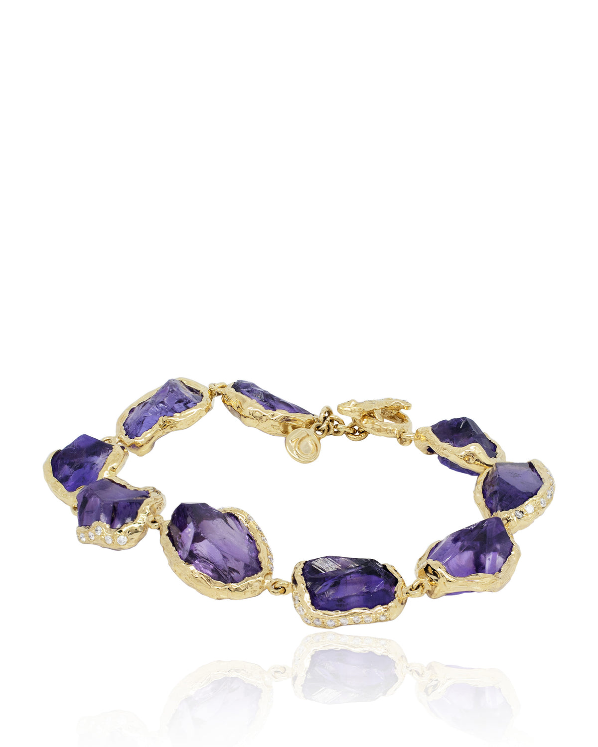 Natalie Dissel 18K yellow gold bracelet featuring Rough Natural Amethyst pebbles with white diamond detail, Gem Rocks collection, front product view.