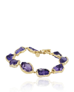Natalie Dissel 18K yellow gold bracelet featuring Rough Natural Amethyst pebbles with white diamond detail, Gem Rocks collection, front product view.