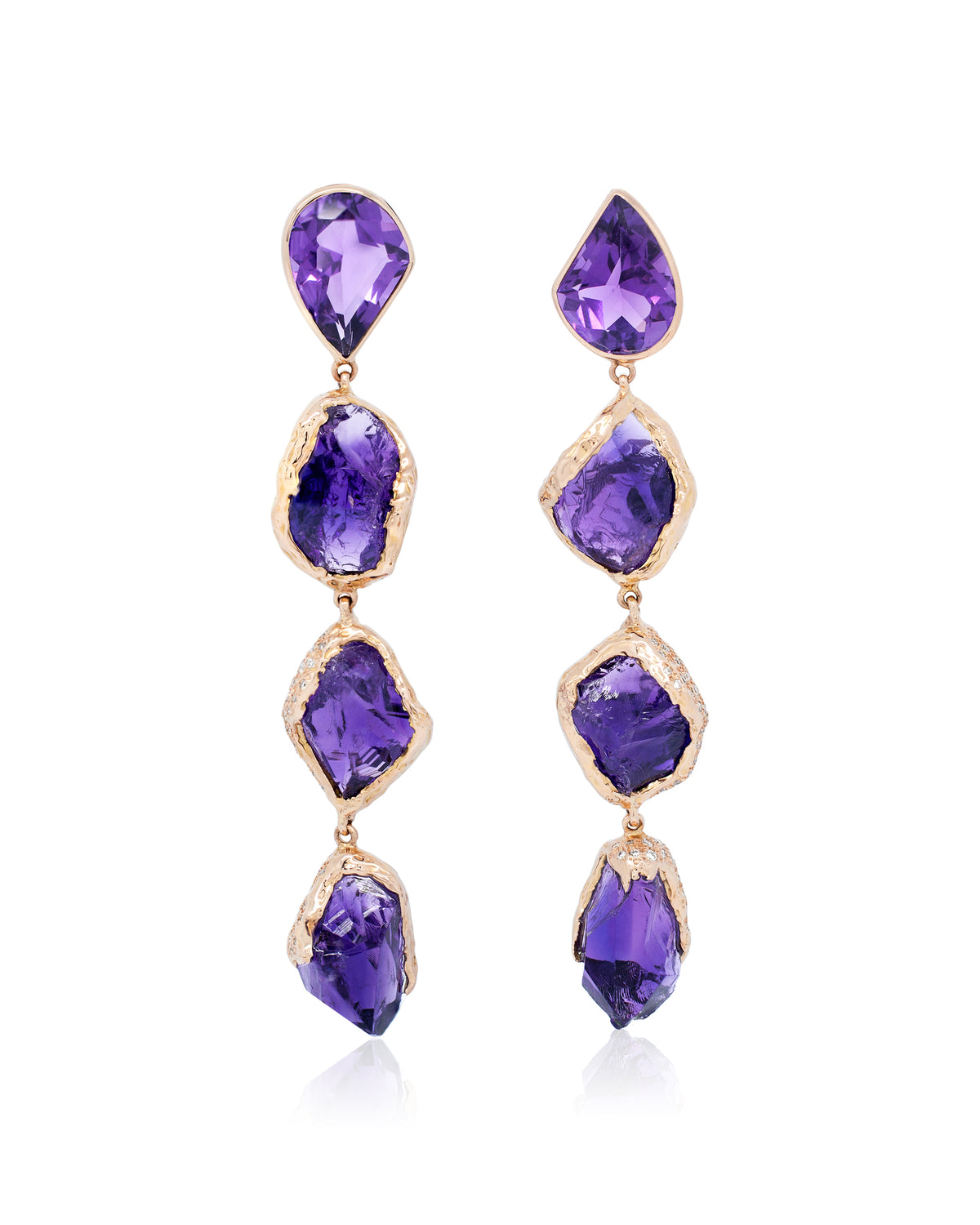 Front view of long Natalie Dissel 18K rose gold drop earrings with tiered raw Amethyst crystals and white diamonds, Rough Rocks collection.
