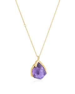 Back view of the Natalie Dissel 18K yellow gold necklace showing the raw Amethyst pendant set in an organic textured gold cap.
