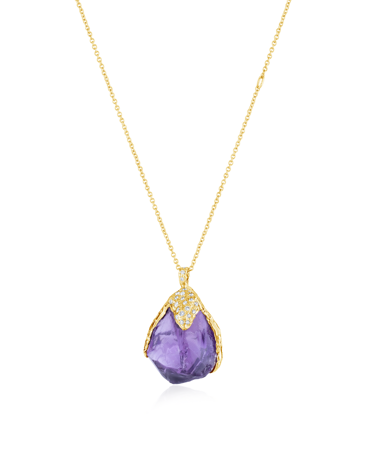 Front view of Natalie Dissel 18K yellow gold necklace featuring a raw Amethyst pendant capped with sparkling pavé white diamonds.