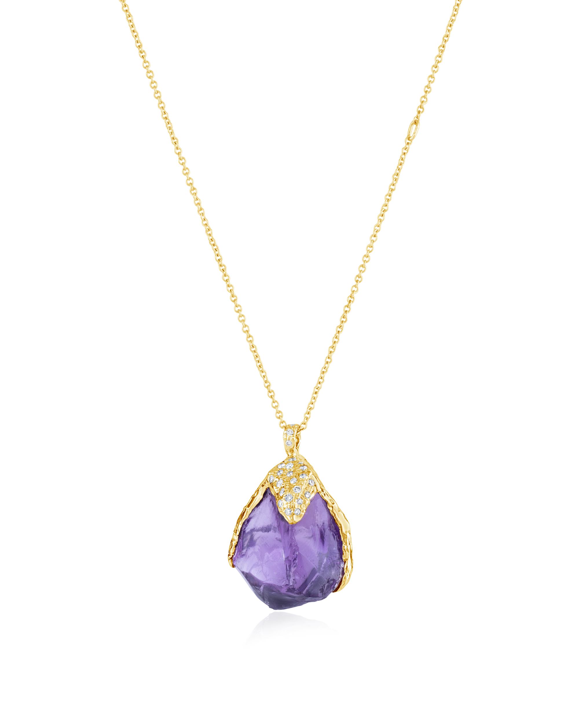 Front view of Natalie Dissel 18K yellow gold necklace featuring a raw Amethyst pendant capped with sparkling pavé white diamonds.