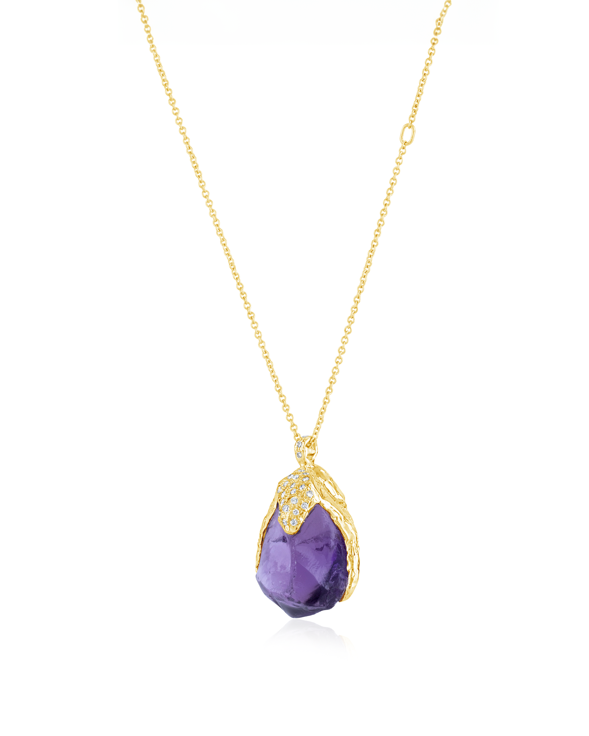 Side view of Natalie Dissel 18K yellow gold pendant necklace displaying a natural raw Amethyst crystal in a diamond-encrusted setting.