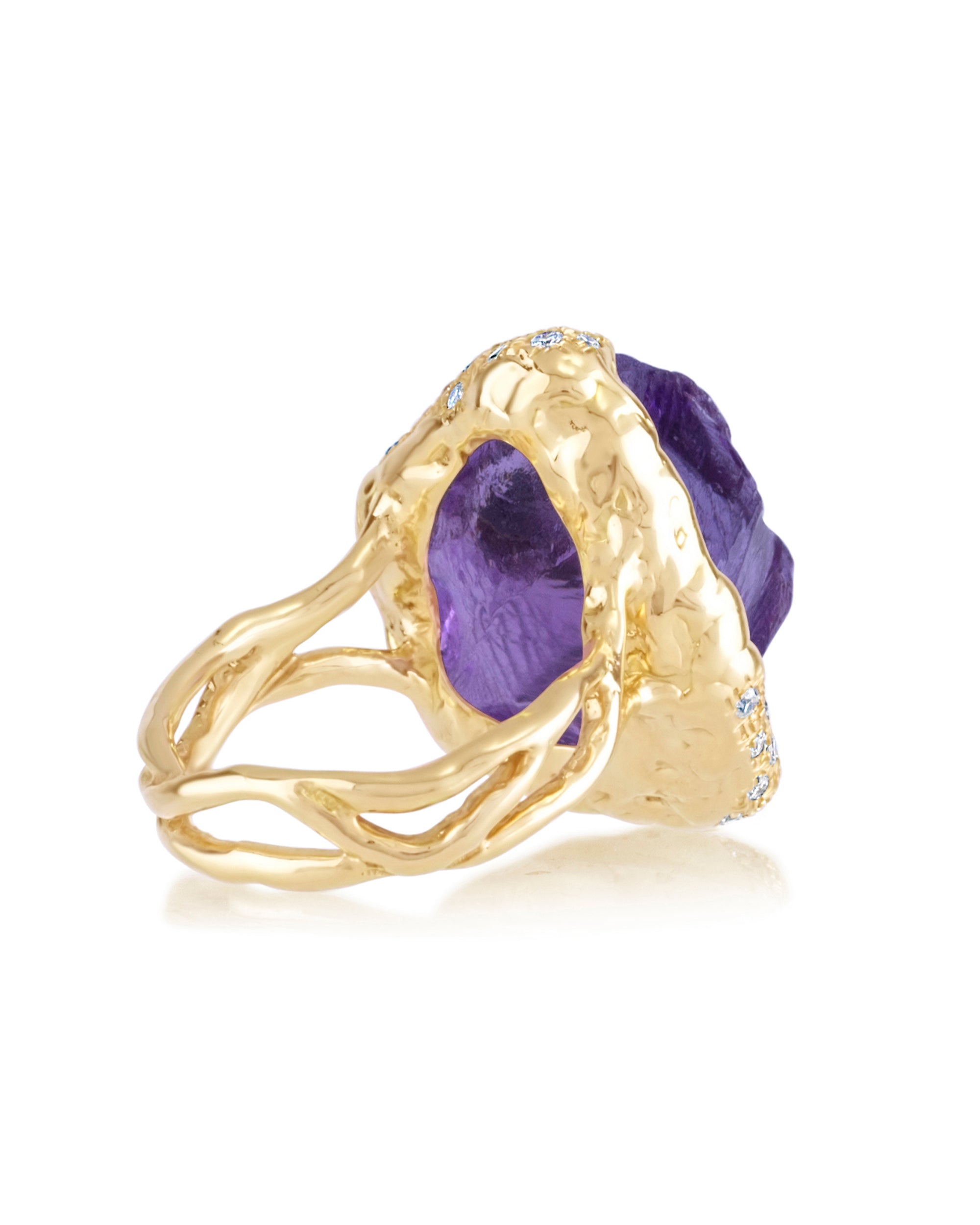 Back view showing the inner basket and organic root-textured gold band of the Natalie Dissel raw Zambian Amethyst ring with white diamond accents.
