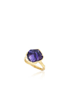 Natalie Dissel 18k yellow gold ring featuring a raw natural purple amethyst stone set on a textured gold band.