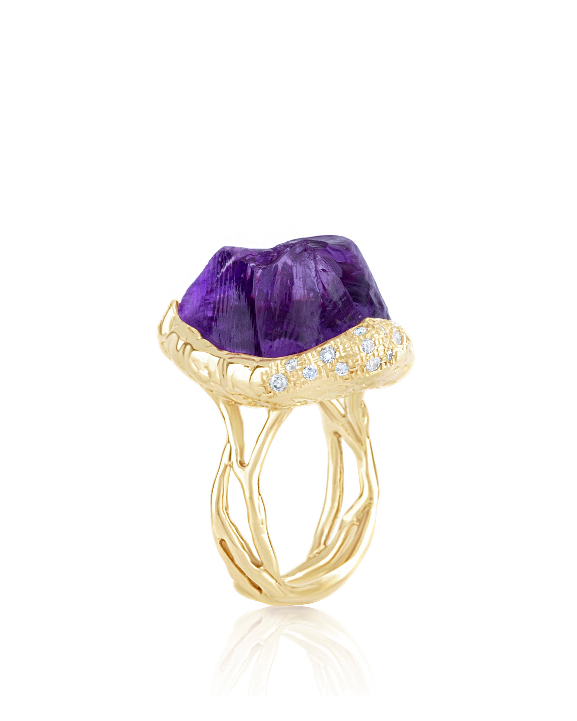 A One of a kind, raw Zambian Amethyst ring with organic root textured band, brilliant white diamonds detail, cast in recycled 18K yellow gold, Gem Rocks collection by Natalie Dissel Jewellery.