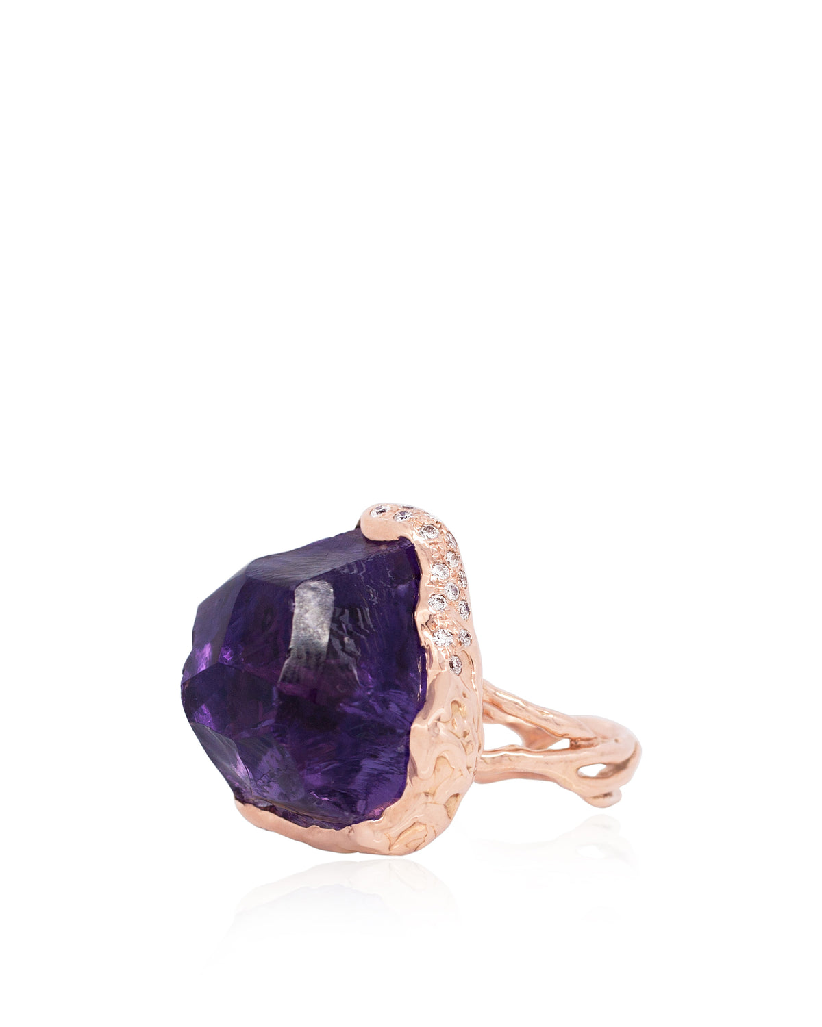Raw Amethyst ring with organic root and vine rose gold band, diamond sparkle detail, 18K rose gold, Gem Rocks collection, side product view.