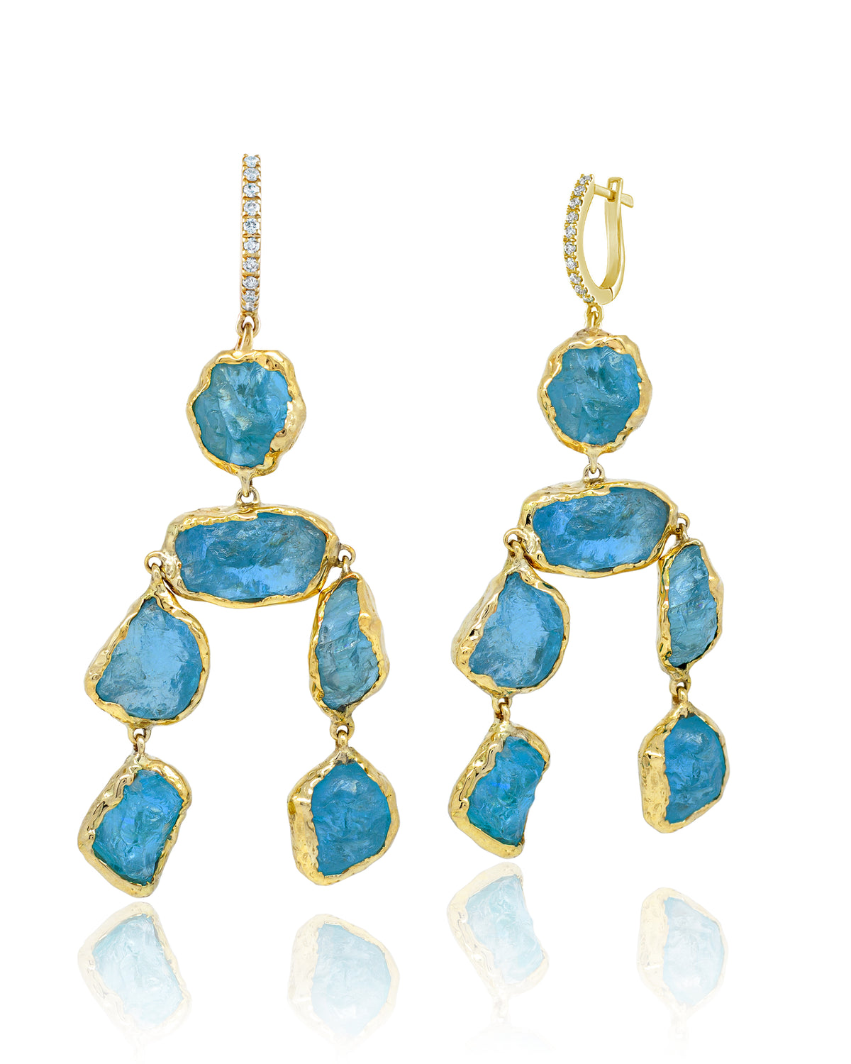 Pair of gold chandelier recycled 14K Yellow Gold drop earrings featuring multiple raw, bright turquoise-blue apatite stones set in textured organic bezels.