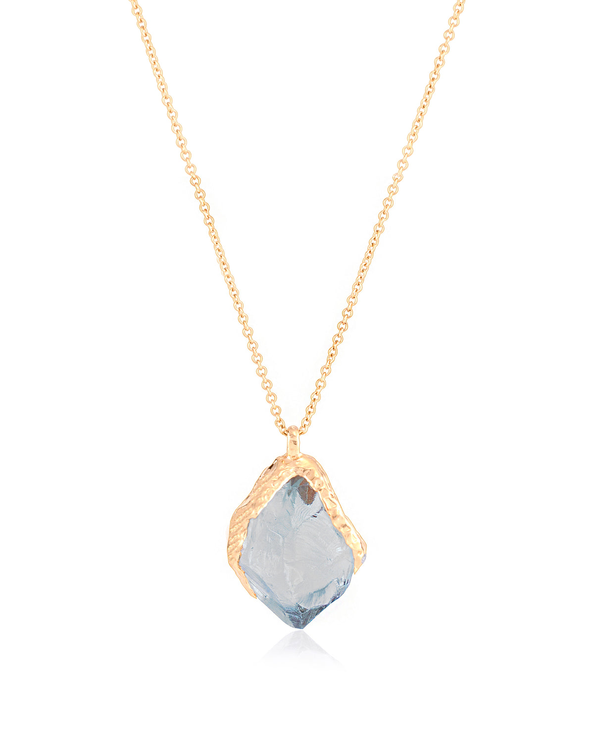 Front view of Natalie Dissel 18K yellow gold fine chain necklace with a raw Prasiolite crystal pendant set in organic textured gold, Gem Rocks collection.