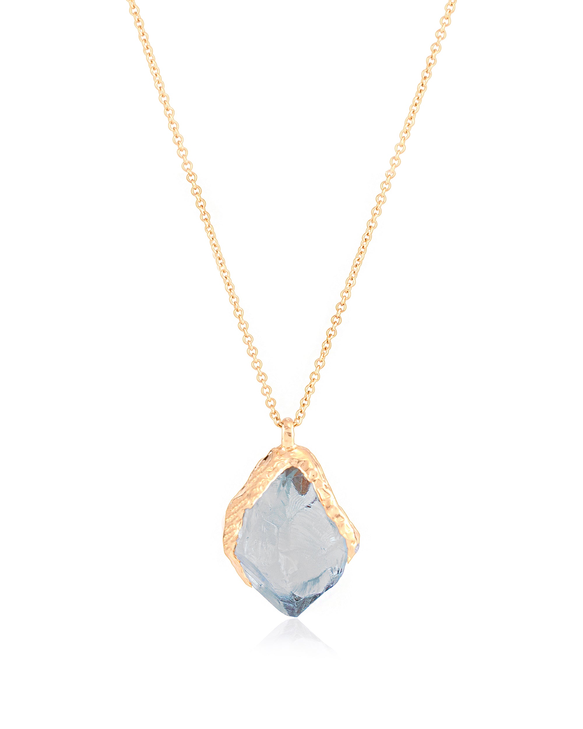 Front view of Natalie Dissel 18K yellow gold fine chain necklace with a raw Prasiolite crystal pendant set in organic textured gold, Gem Rocks collection.