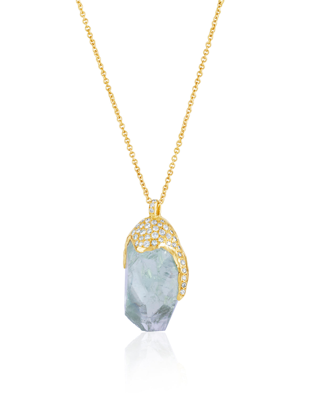 Front view of Natalie Dissel 18K yellow gold fine chain necklace with a raw Prasiolite crystal pendant set with pavé white diamonds, Gem Rocks collection.
