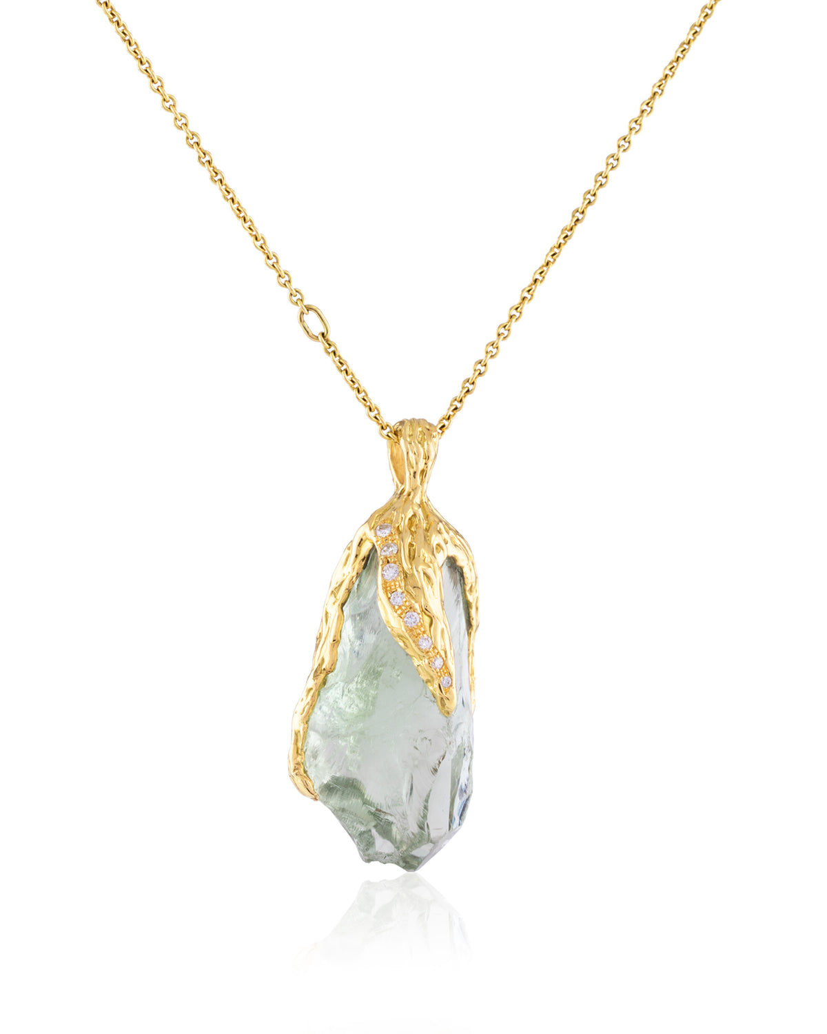 Front view of Natalie Dissel 18K yellow gold fine chain necklace holding a raw Prasiolite gemstone pendant with white diamonds, Gem Rocks collection.