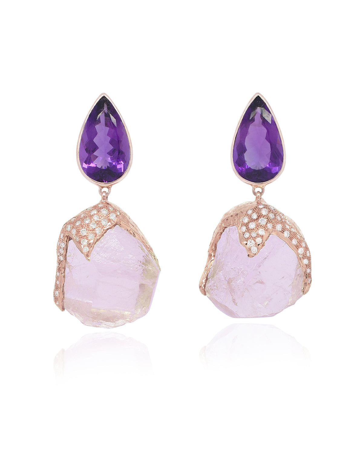 Pair of Natalie Dissel 18K rose gold drop earrings featuring teardrop faceted Amethyst studs suspending raw Rose Quartz wrapped in pavé white diamonds, Rough Rocks collection.