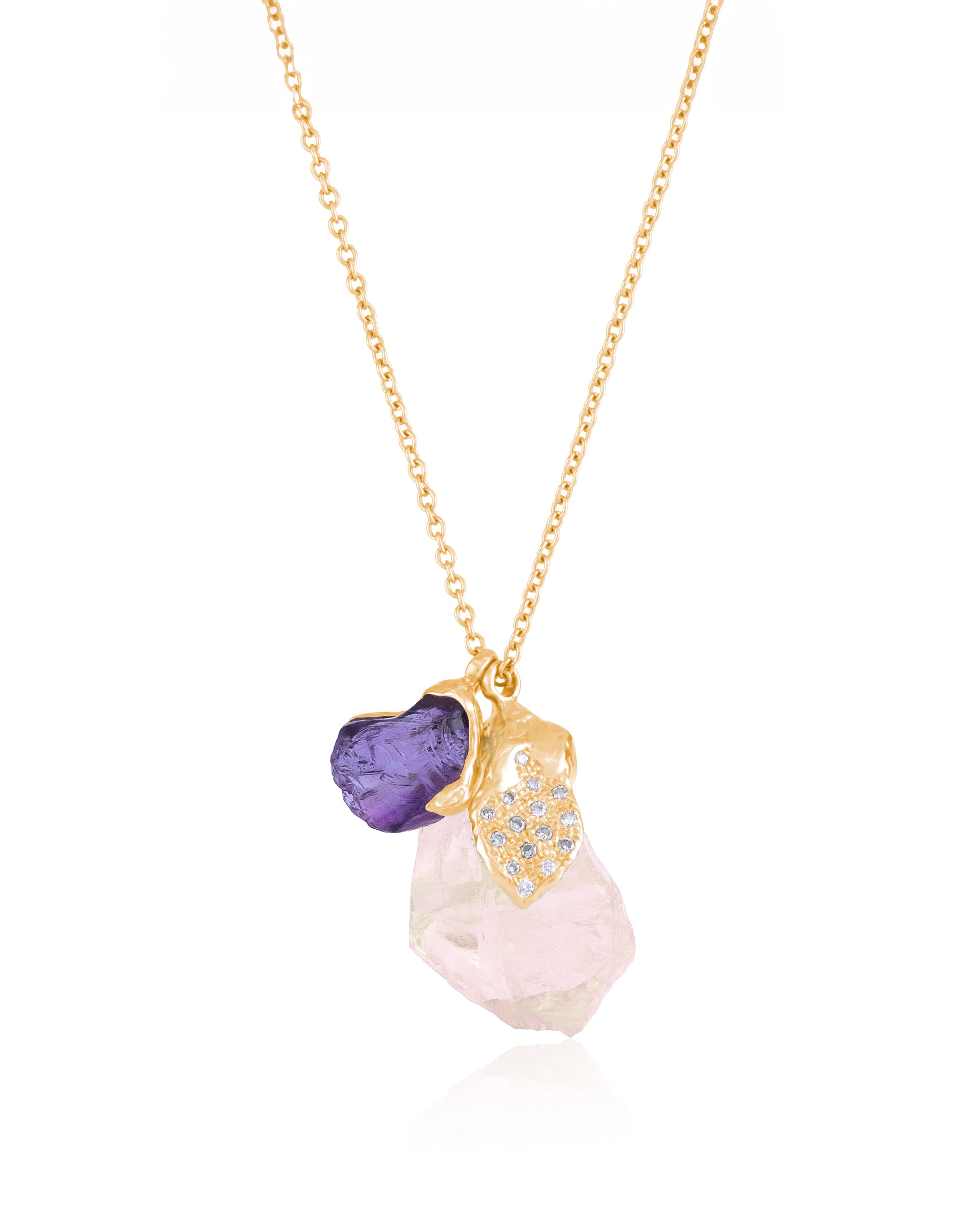 Natalie Dissel 18K yellow gold chain necklace with a raw Rose Quartz and purple Amethyst charm pendant accented with pavé white diamonds, Rough Rocks collection.