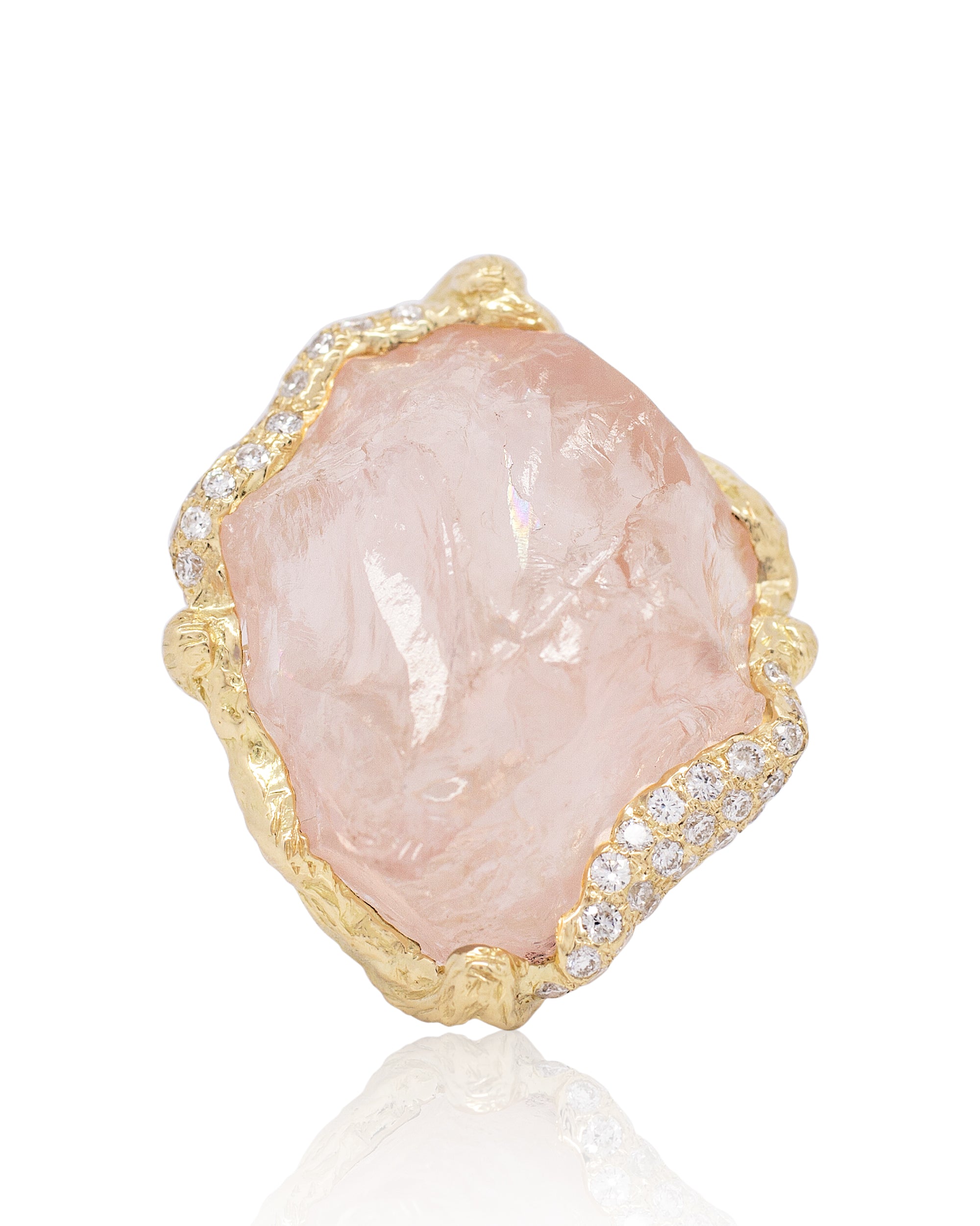 Front view of Natalie Dissel 18K yellow gold statement ring featuring a large raw Rose Quartz crystal with pavé white diamonds, Gem Rocks collection.
